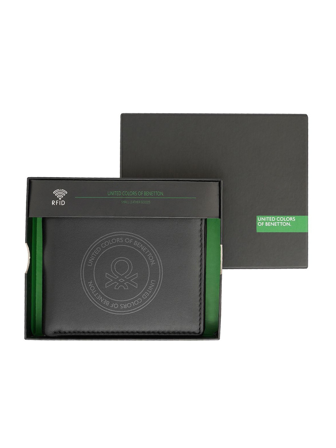 

United Colors of Benetton Men Typography Printed Leather Two Fold Wallet, Black