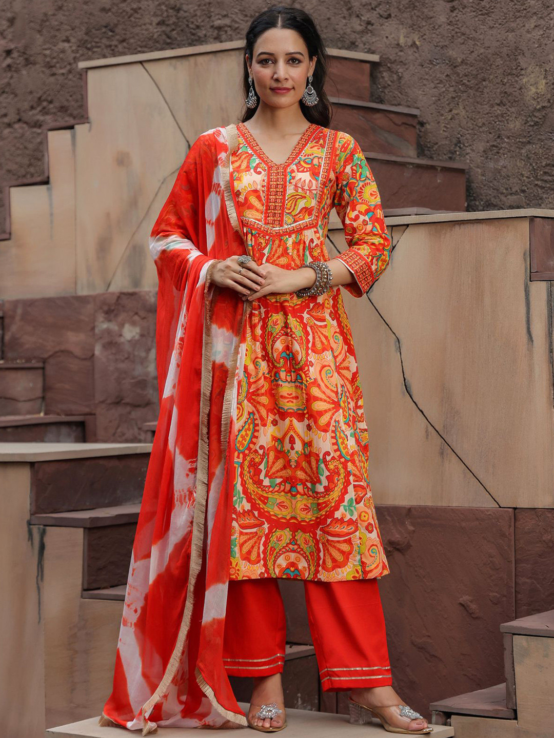 

Rain & Rainbow Printed Gotta Patti Pure Cotton A-Line Kurta with Trousers & Dupatta, Orange