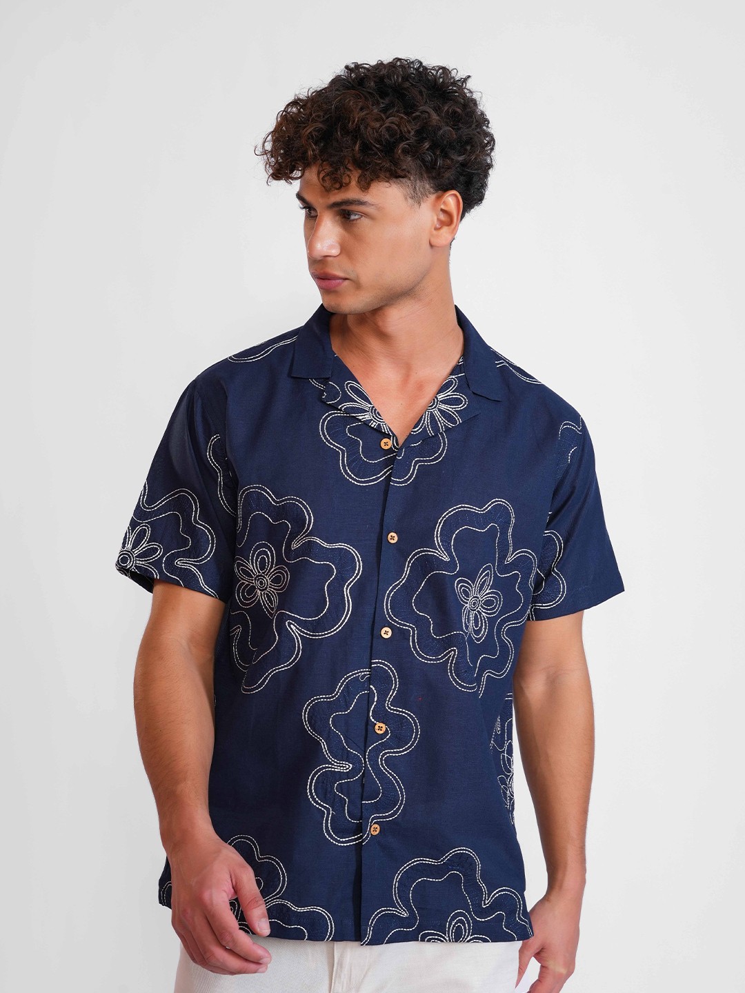

DALCHINII Men Relaxed Cuban Collar Floral Printed Cotton Casual Shirt, Navy blue