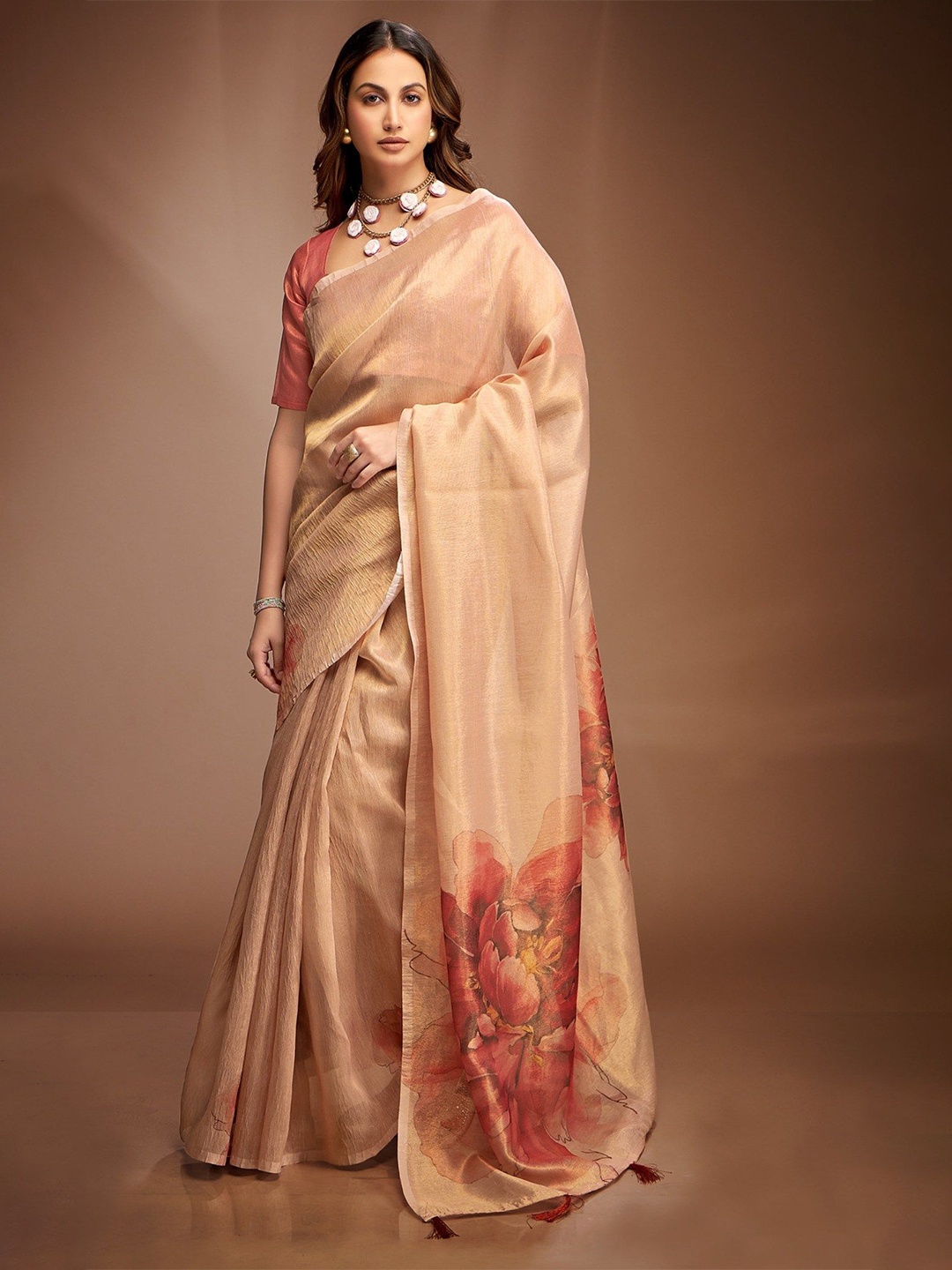 

MySilkLove Floral Printed Tissue Saree, Cream