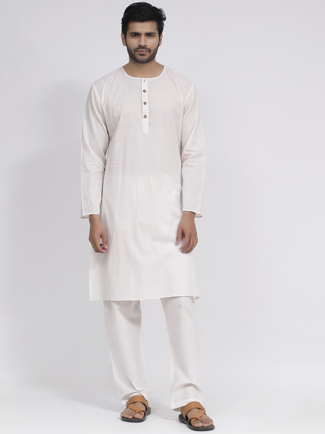 

TJORI Round Neck Long Sleeves Pure Cotton Straight Kurta with Pyjamas, White