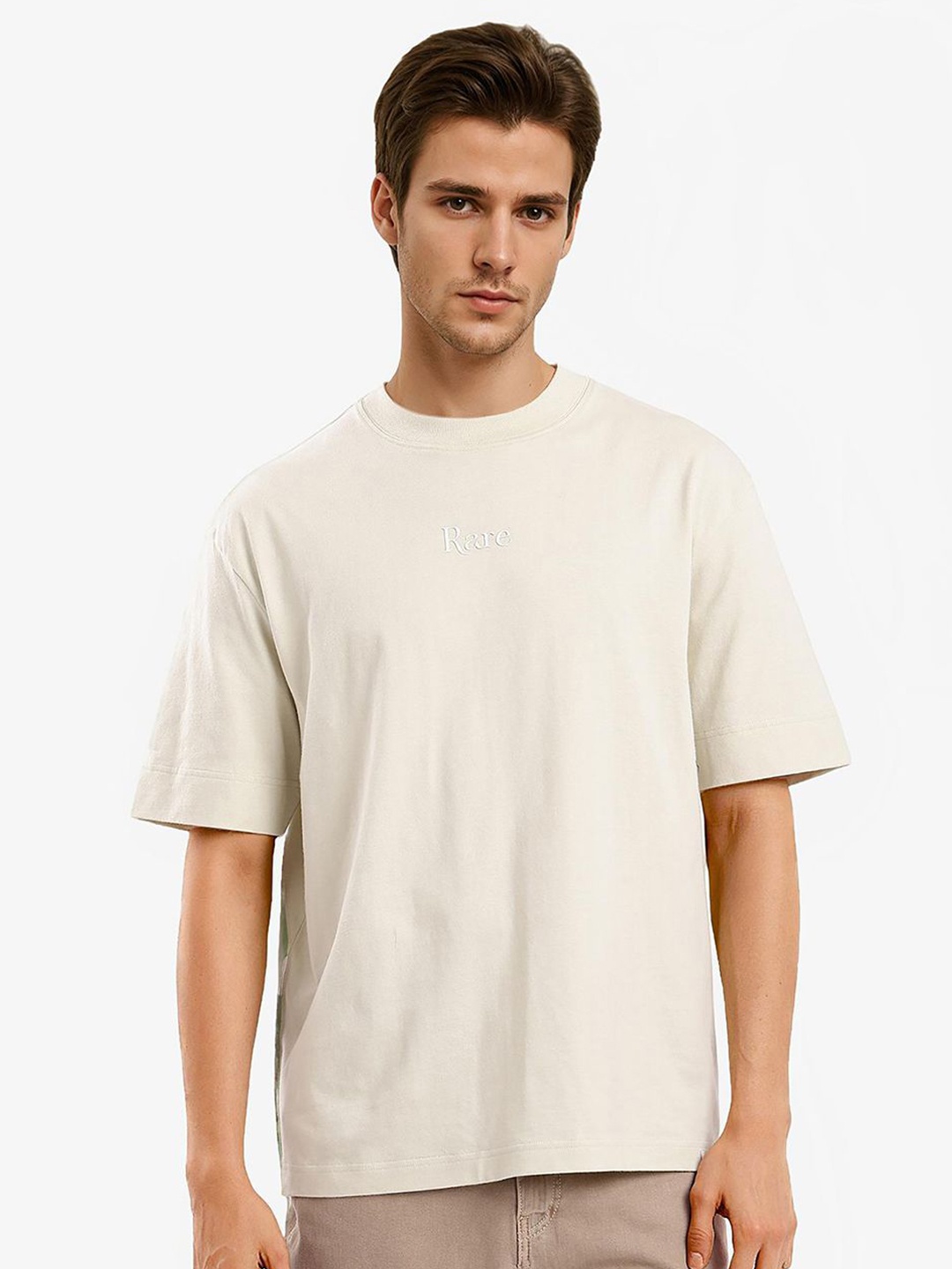 

RARE RABBIT Men Graphic Printed Round Neck Cotton Oversized T-shirt, Beige