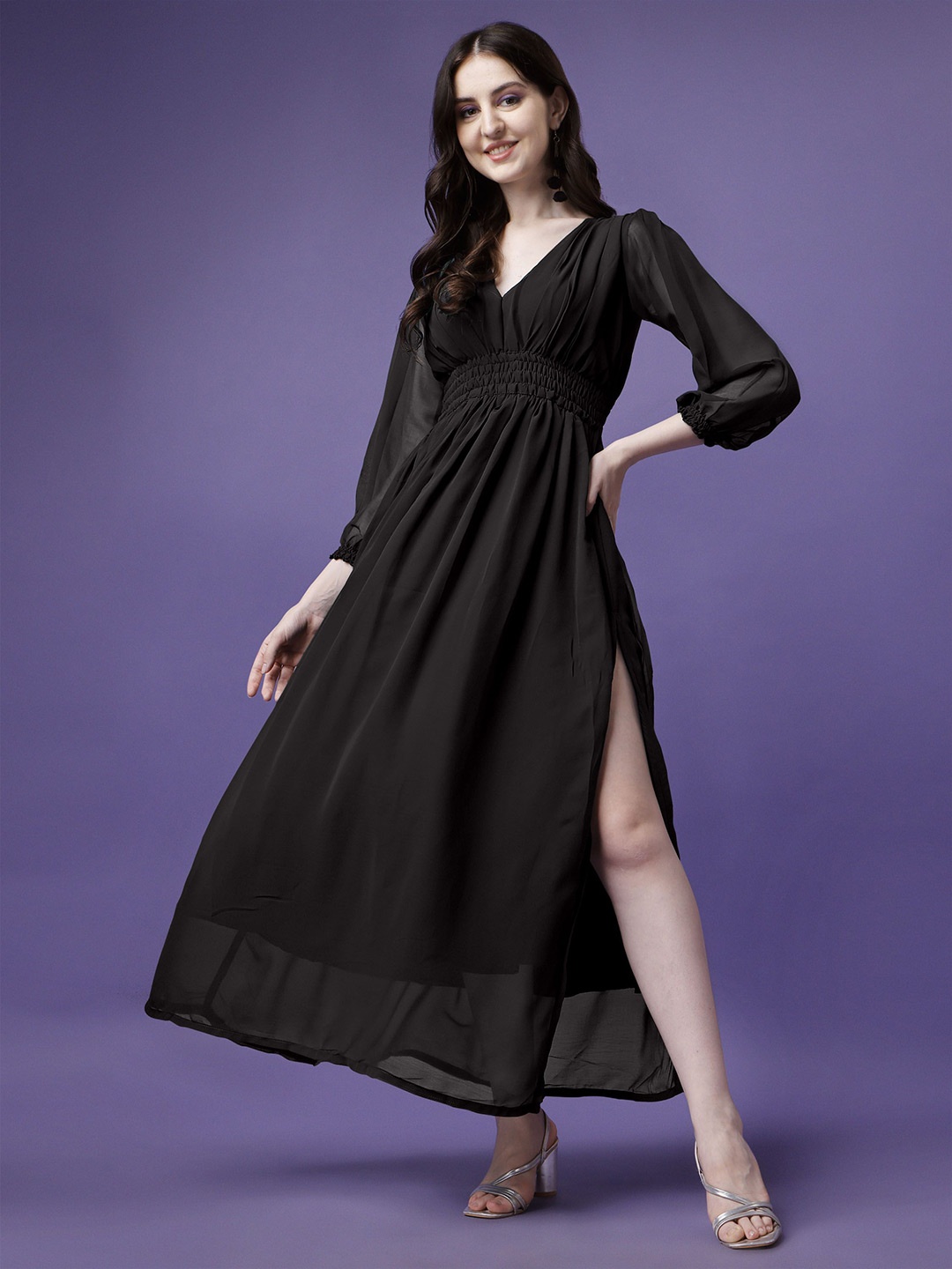 

Raiyani Enterprise Applique Georgette Fit & Flare Maxi Dress, Black