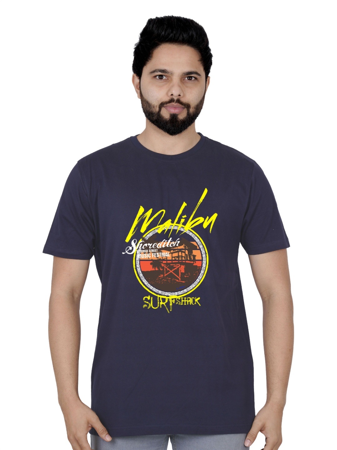 

LA MILANO Men Graphic Printed Round Neck Pure Cotton Slim Fit T-shirt, Navy blue