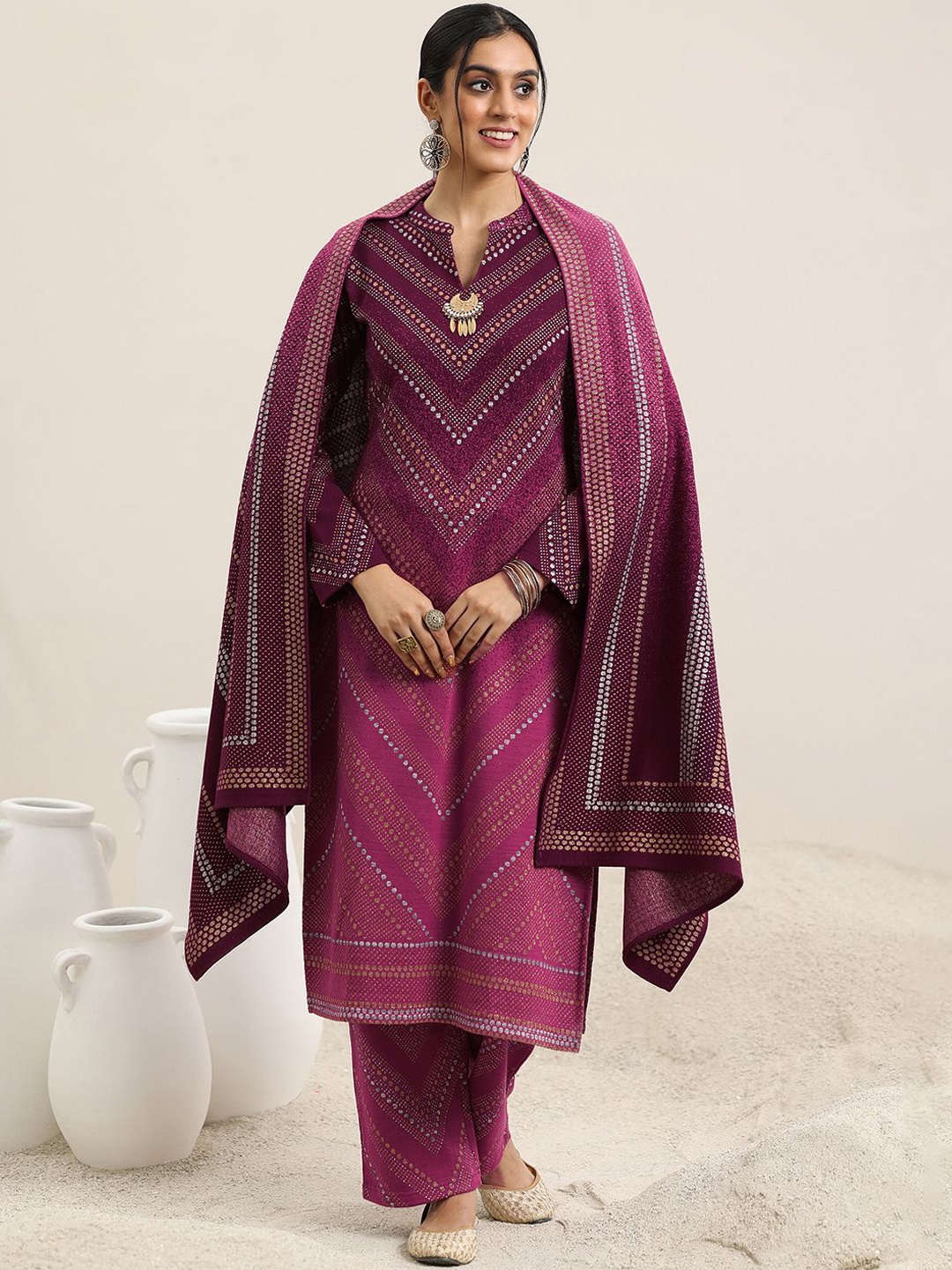 

Libas Printed Mandarin Collar Straight Kurta With Palazzos & Dupatta, Pink