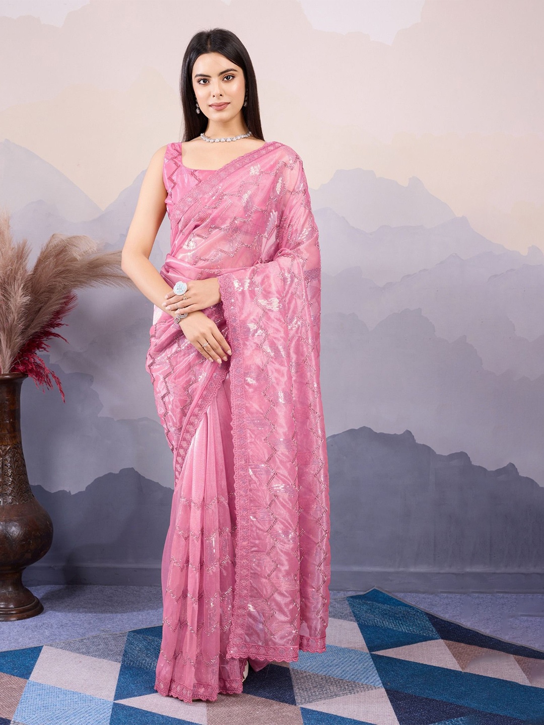 

MySilkLove Embellished Zari Net Saree, Pink