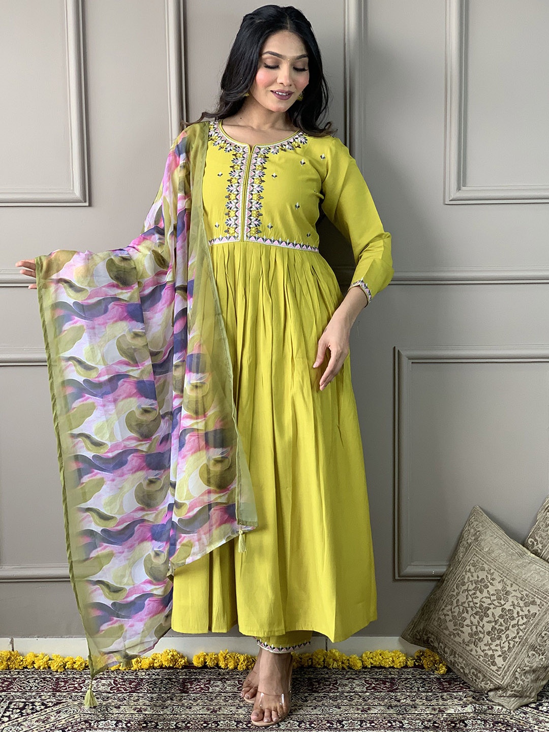 

THE52 Floral Embroidered V-Neck Thread Work Straight Kurta With Trousers & Dupatta, Yellow