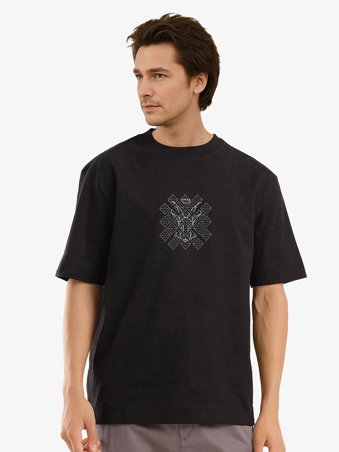 

RARE RABBIT Men Graphic Printed Round Neck Cotton Oversized T-shirt, Black