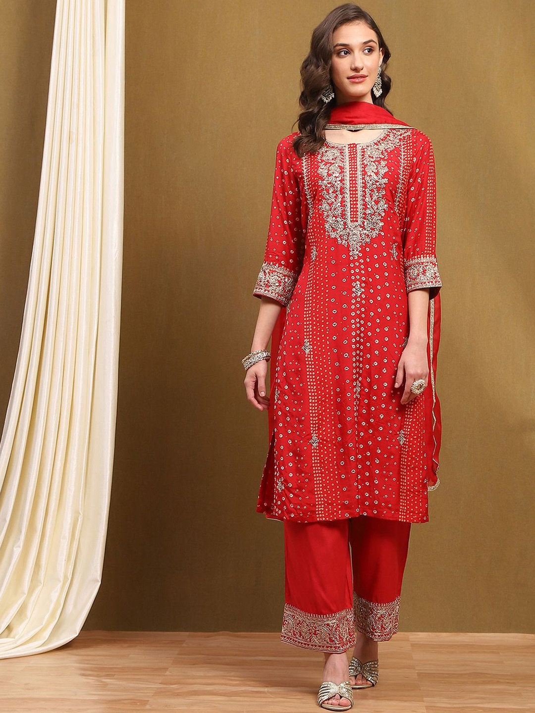 

Biba Ethnic Motifs Embroidered Sequinned Straight Kurta With Palazzos & Dupatta, Red