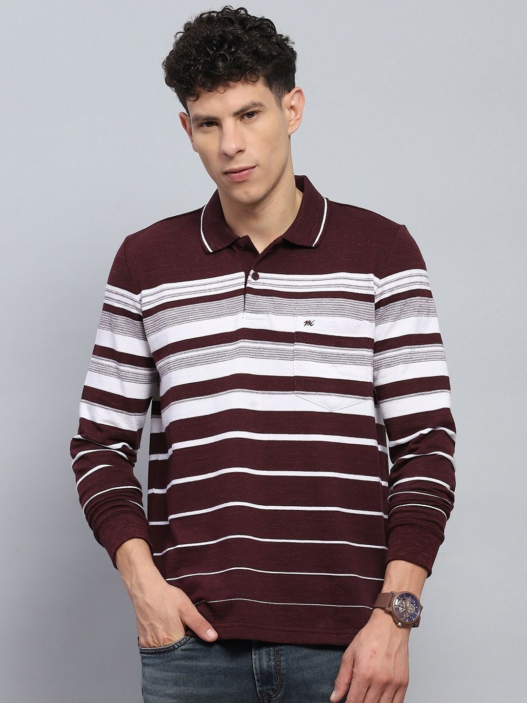 

Monte Carlo Men Striped Polo Collar Cotton T-shirt, Maroon