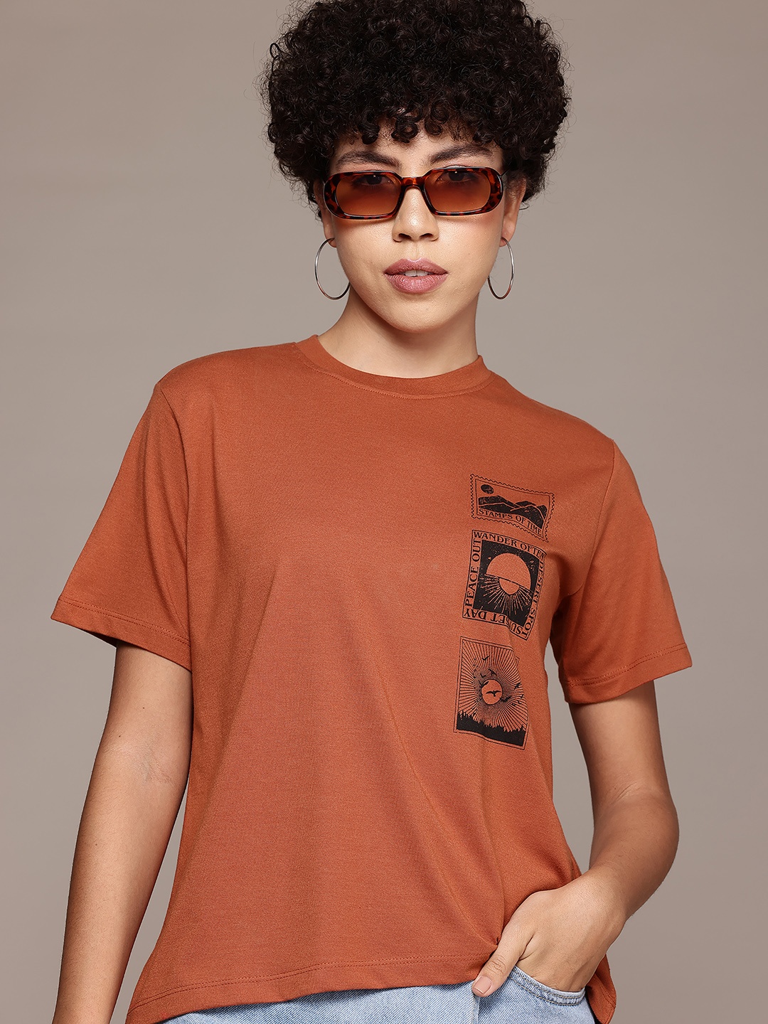 

The Roadster Lifestyle Co. Printed Drop-Shoulder Sleeves Boxy Fit T-shirt, Rust