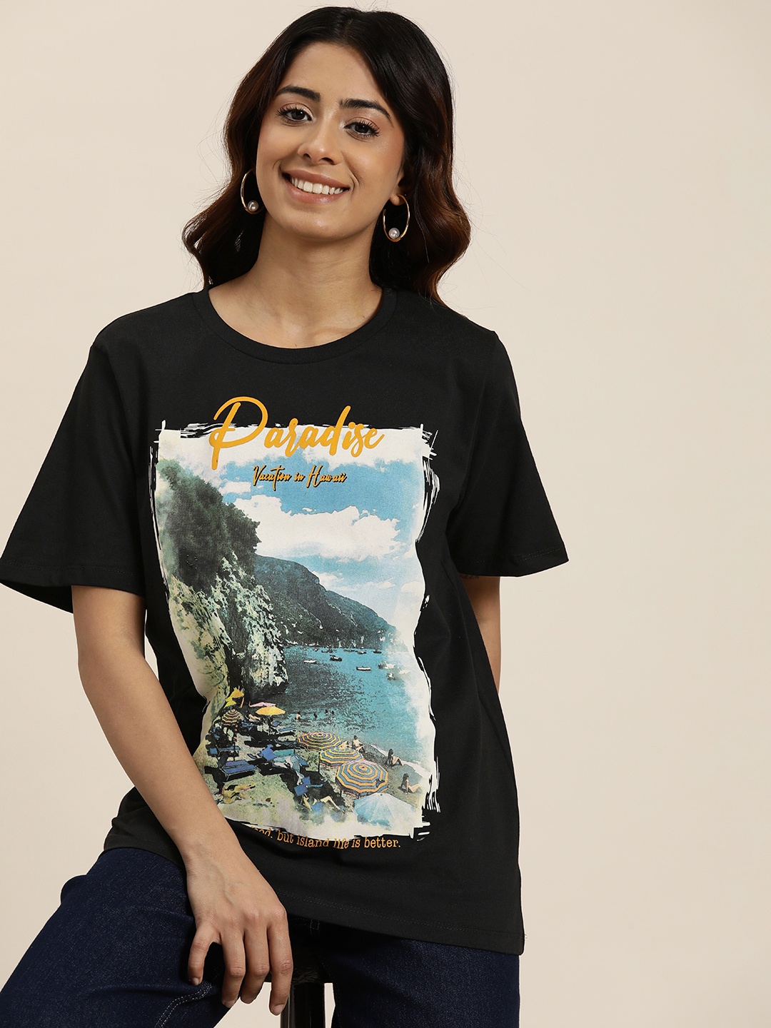 

HERE&NOW Printed Pure Cotton T-shirt, Black