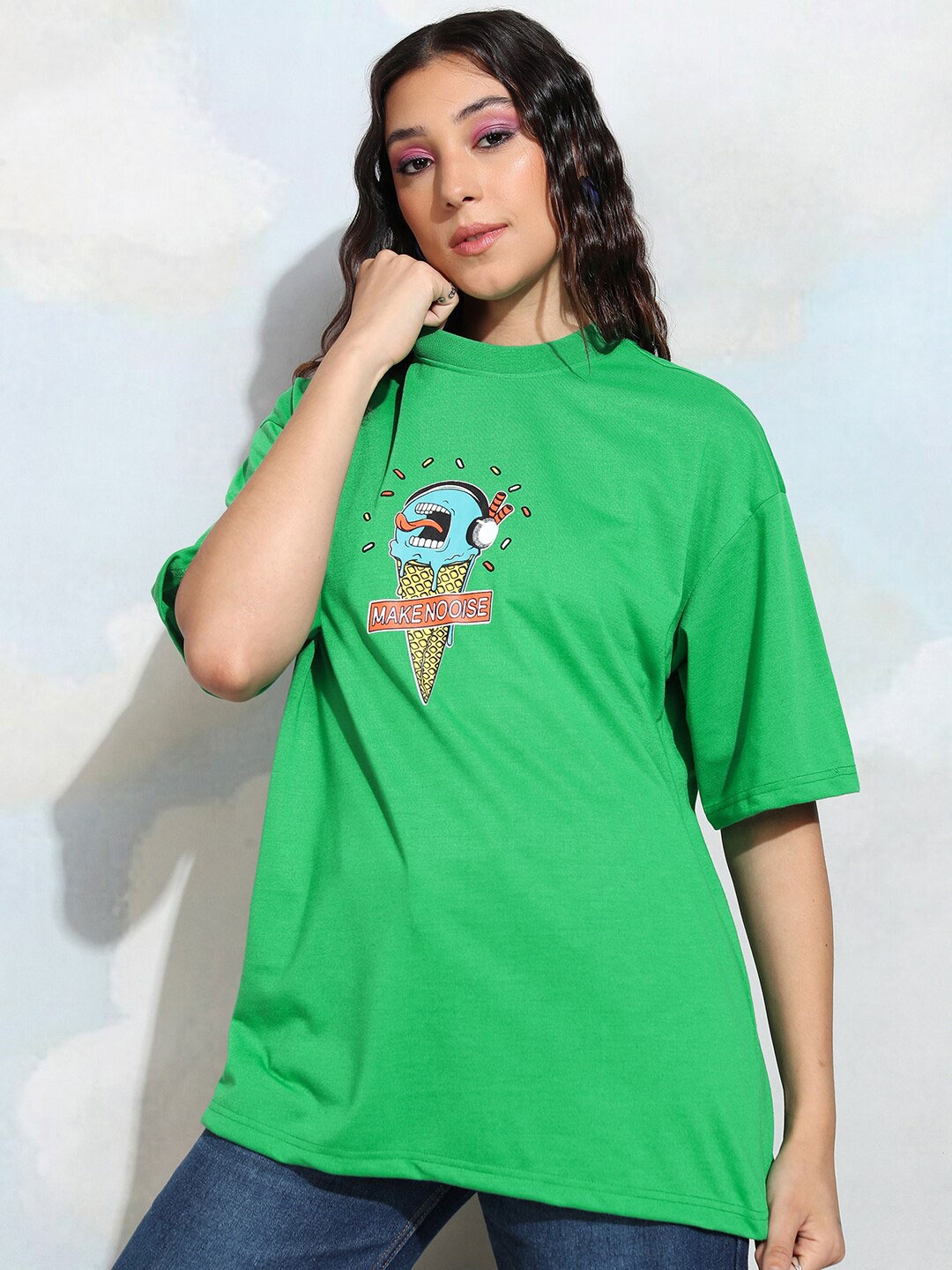 

Tokyo Talkies Women Graphic Printed Round Neck Drop Shoulder Oversized T-shirt, Green