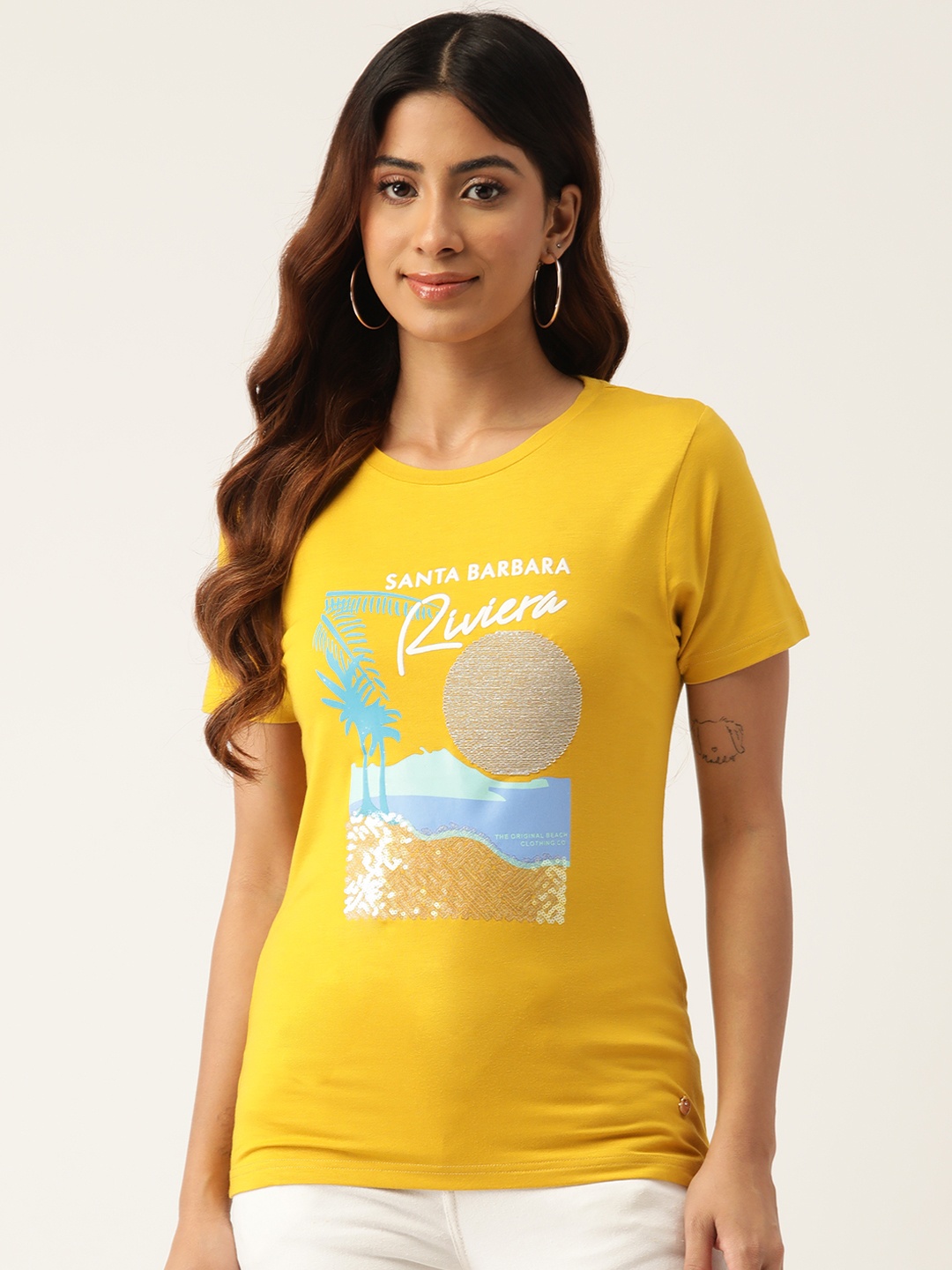 

Monte Carlo Sequinned Printed T-shirt, Mustard