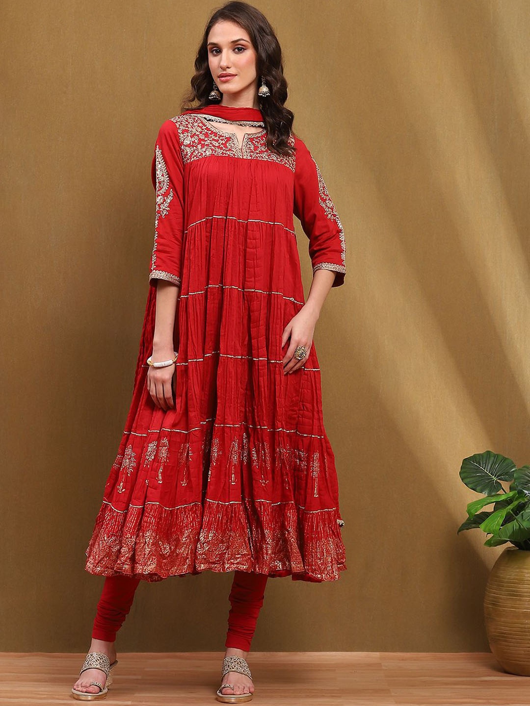 

Biba Ethnic Motifs Embroidered Sequinned Pure Cotton Anarkali Kurta & Churidar & Dupatta, Red