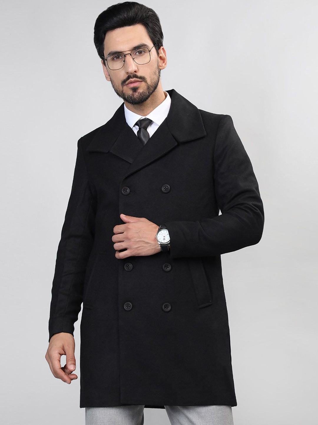 

HONNETE Double-Breasted Longline Pea Coat, Black