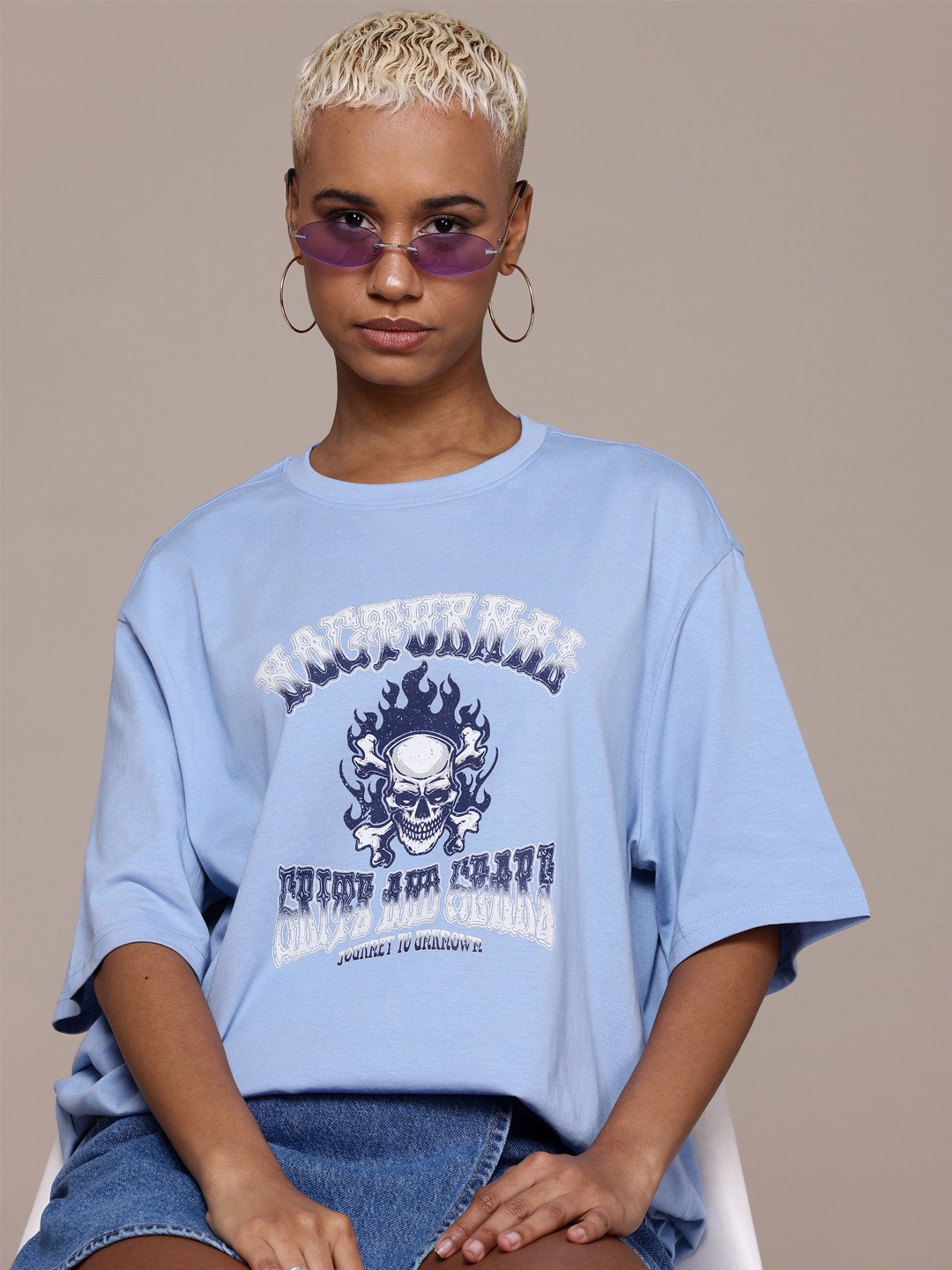 

The Roadster Lifestyle Co Printed Pure Cotton Oversized T-shirt, Blue