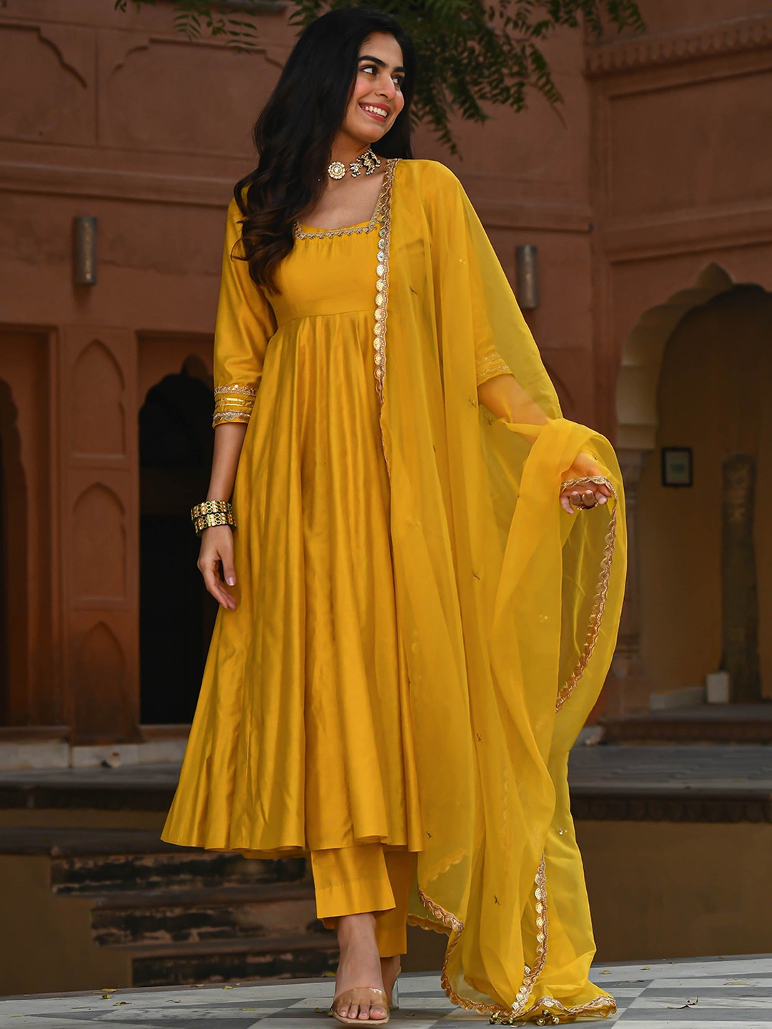 

GoSriKi Thread Work Anarkali Kurta With Trouser & Dupatta, Yellow
