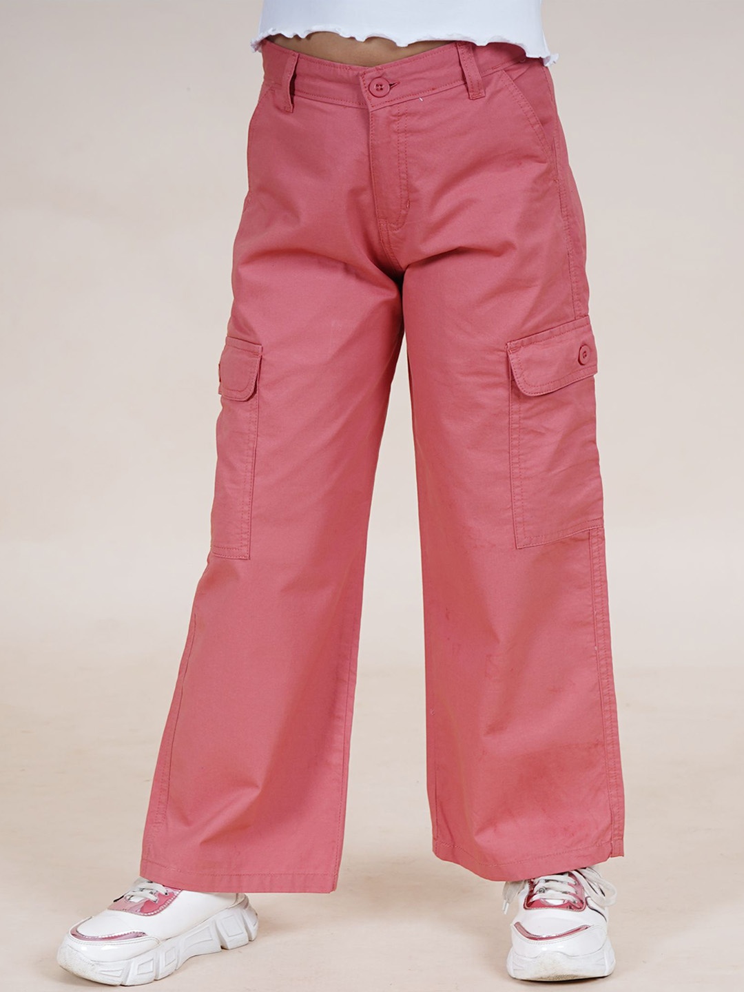 

KiddoPanti Girls Mid-rise Straight Fit Pure Cotton Cargo Pant, Coral