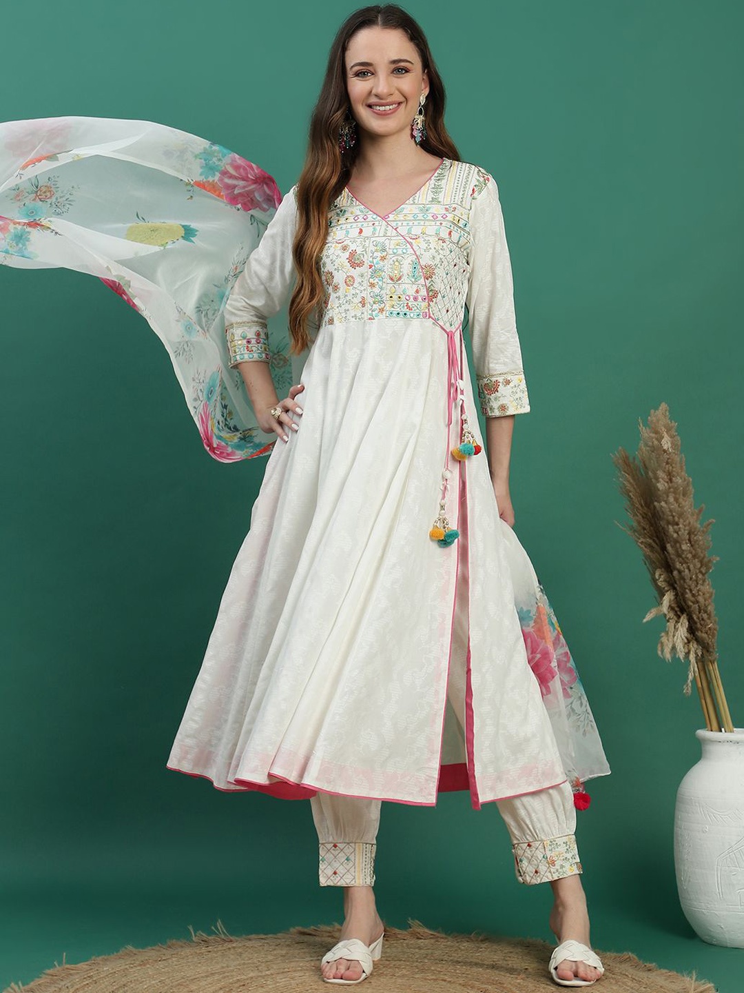 

Ramas Ethnic Motifs Embroidered Angrakha Mirror Work Kurta with Trouser & Dupatta, White