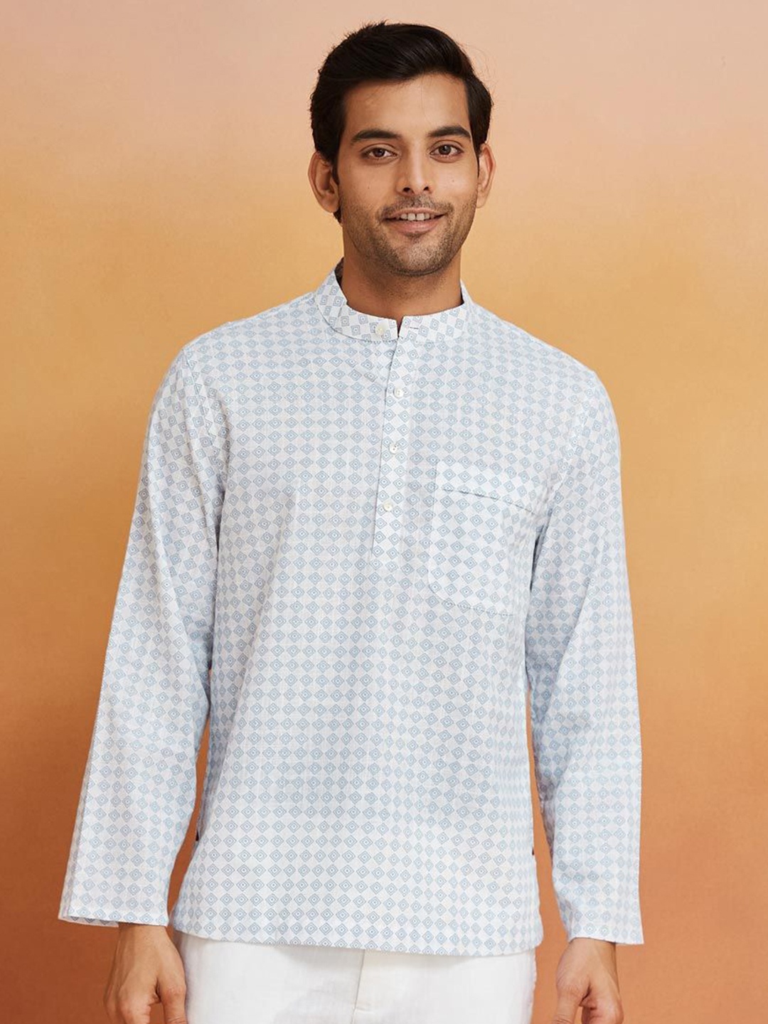 

Fabindia Men Band Collar Geometric Printed Cotton Relaxed Fit Casual Shirt, Blue