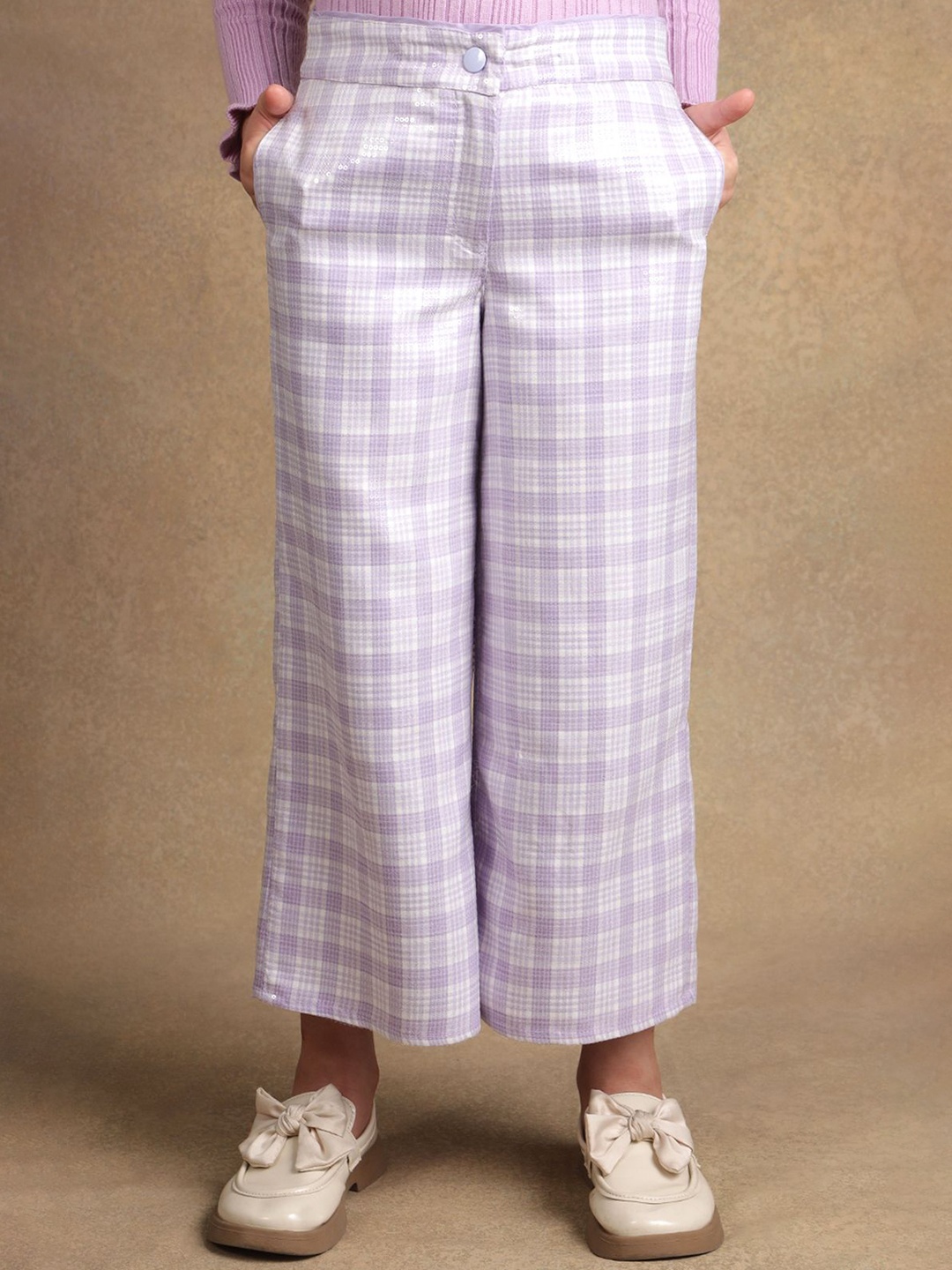 

One Friday Girls Checked Relaxed Loose Fit Parallel Trouser, Purple