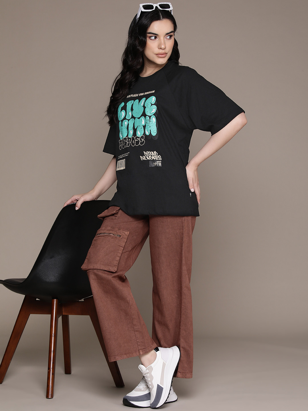 

The Roadster Lifestyle Co. Typography Printed Oversized Longline T-shirt, Black