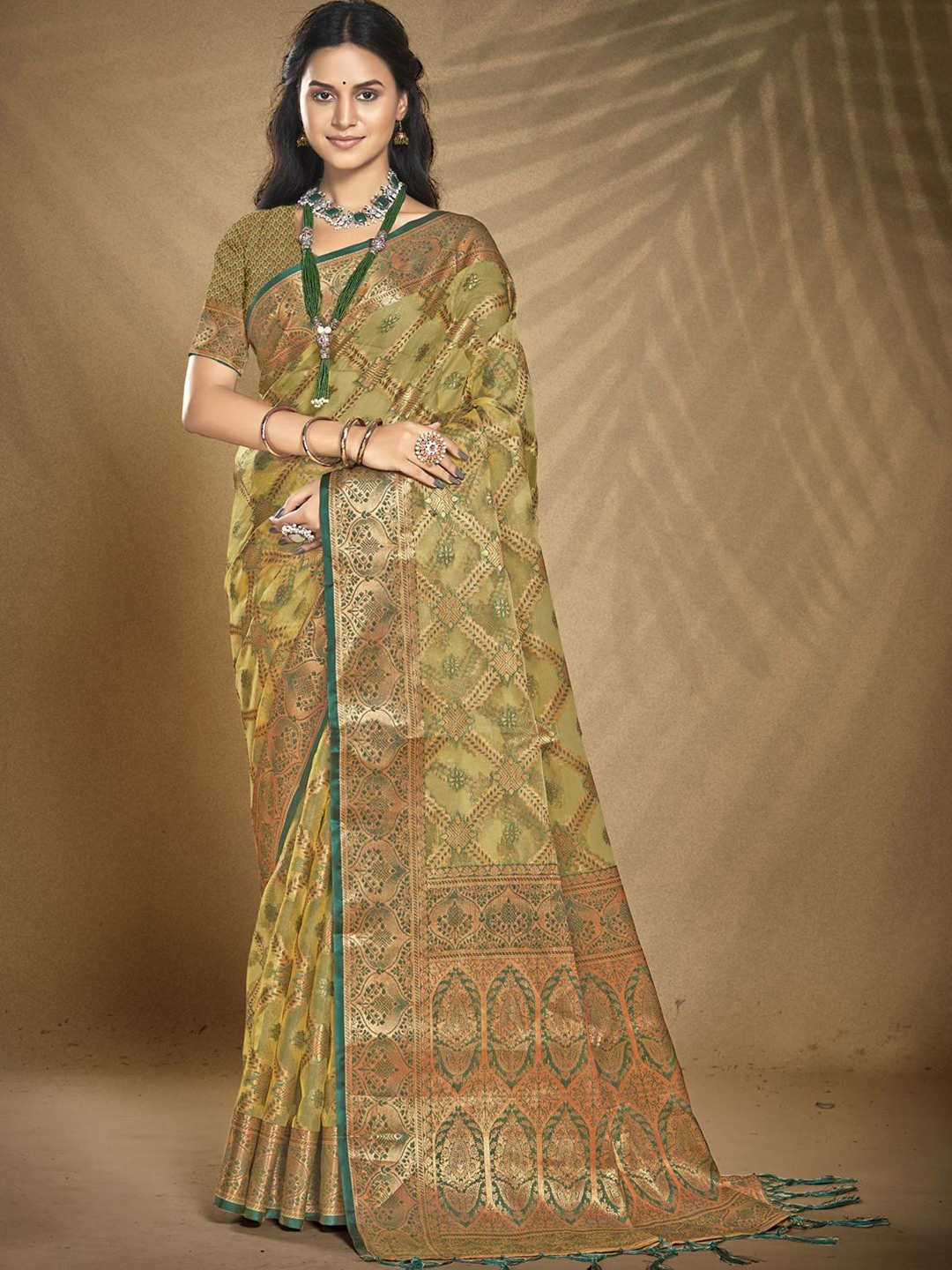 

Ishin Woven Design Zari Organza Saree, Olive