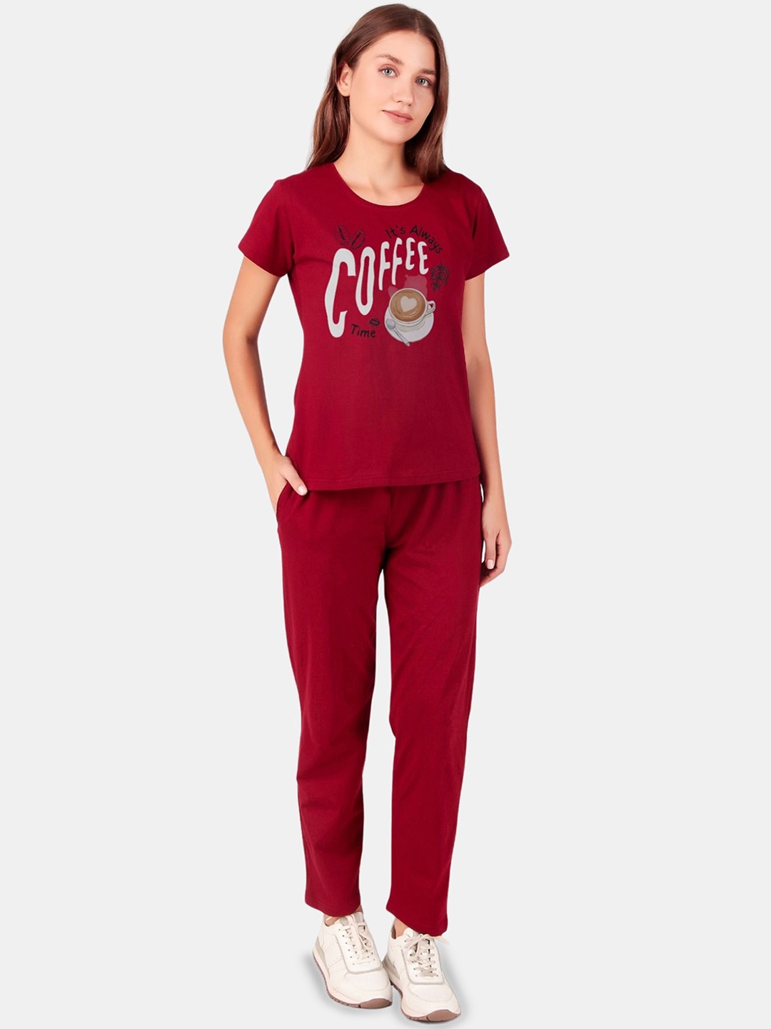 

Fasense Women Printed Pure Cotton T-shirt & Trousers Co-Ords, Maroon