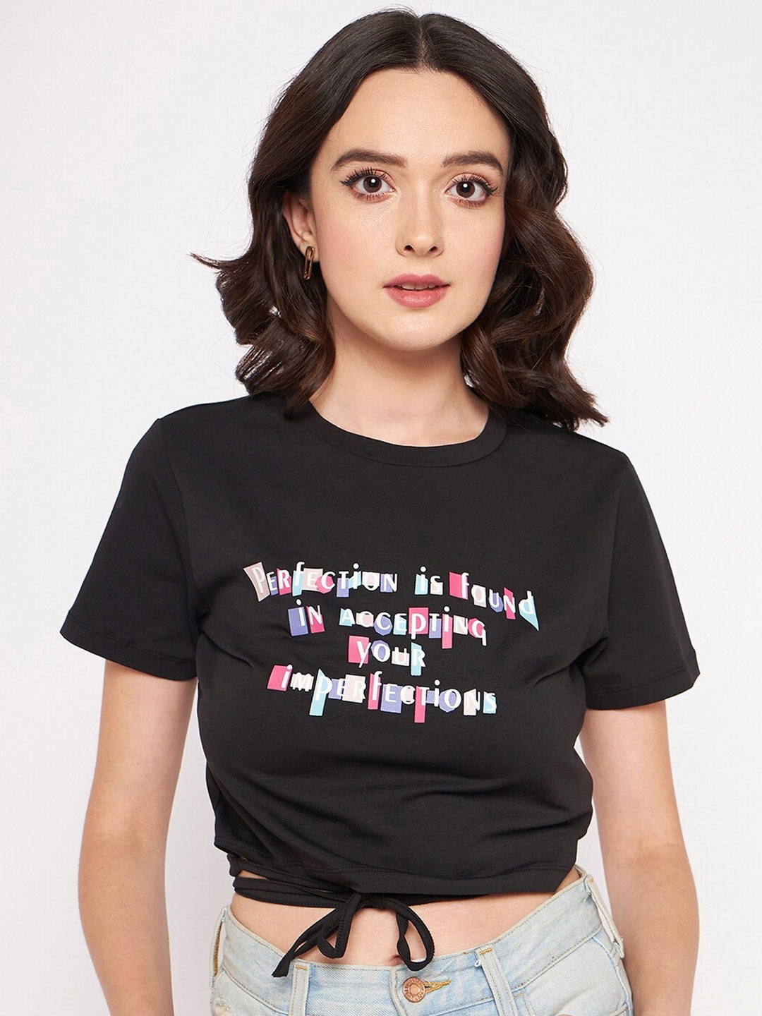 

Madame Typography Print Cotton Crop T-shirt, Black
