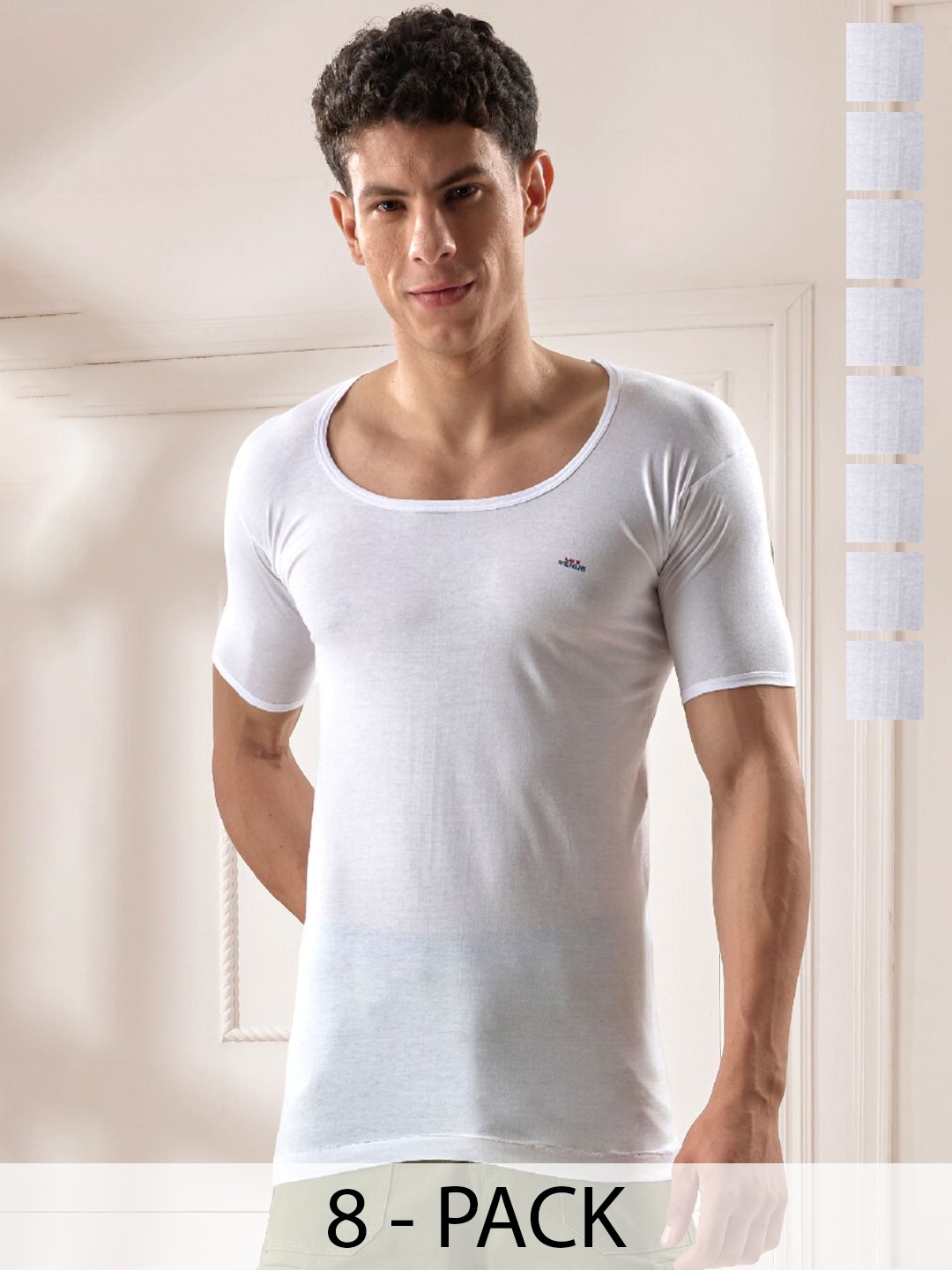 

LUX VENUS Pack of 8 Men Round Neck Cotton Vest, White