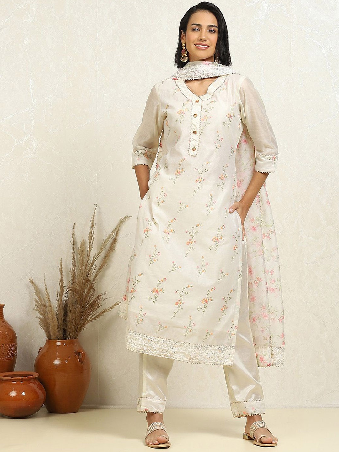 

Biba Floral Printed Unstitched Dress Material, Beige