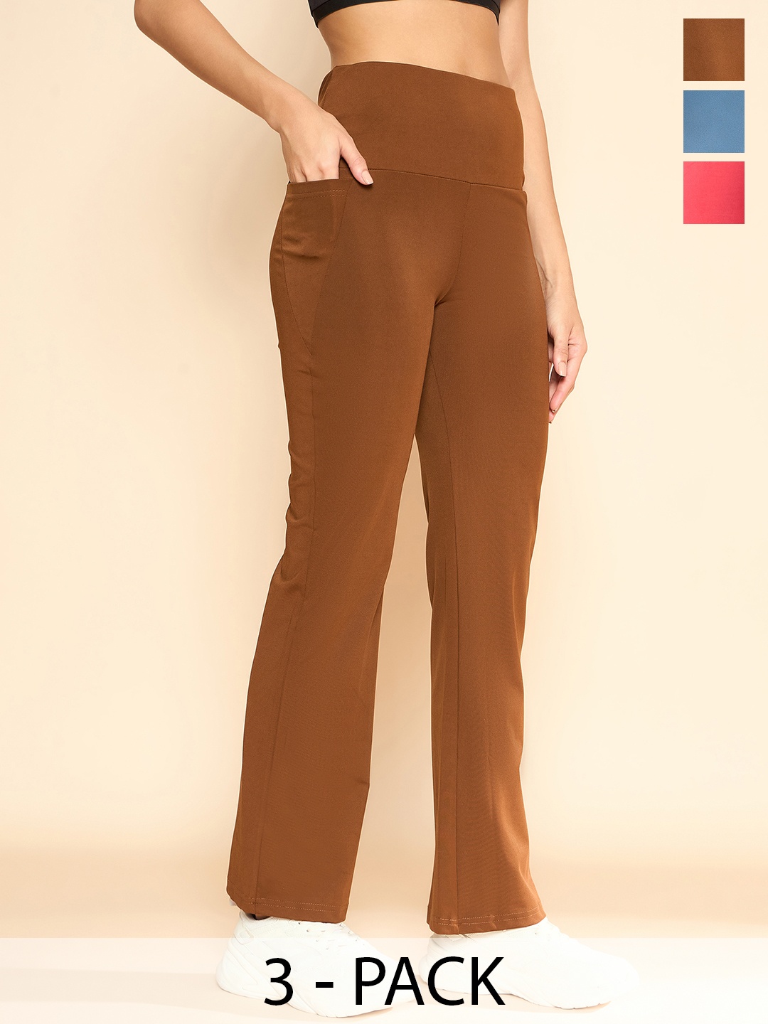

COLOR CAPITAL Women Pack Of 3 Antimicrobial High-Rise Flared Tights, Brown