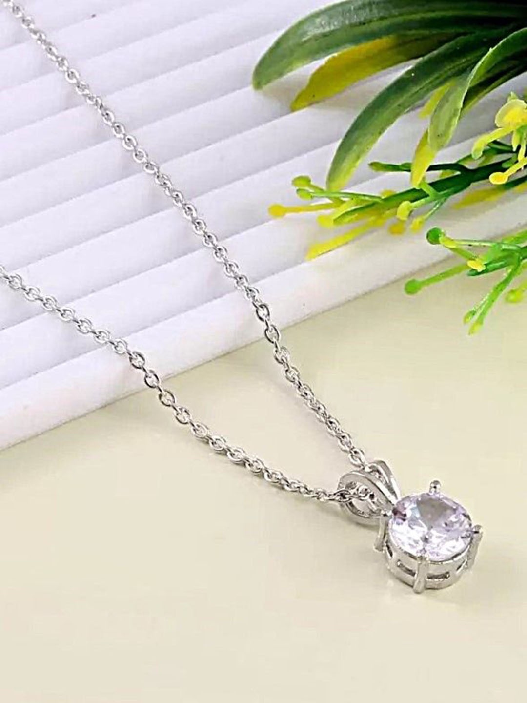 

9blings Silver-Plated Stone Studded Diamond Shaped Pendant with Chain
