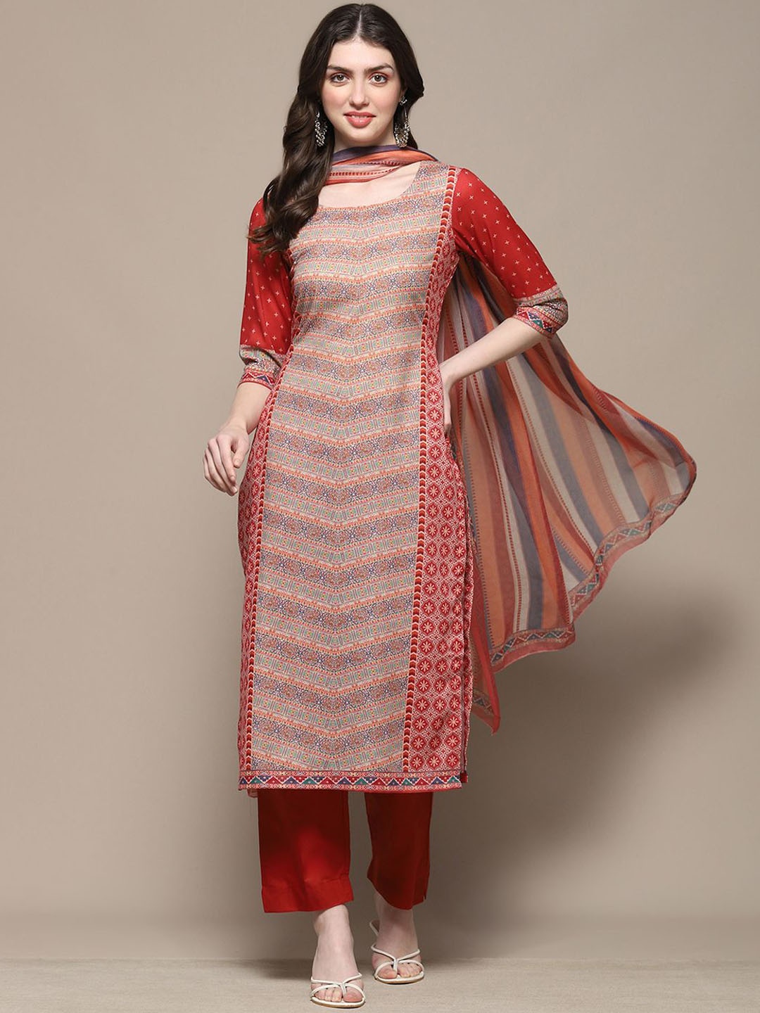 

Biba Ethnic Motifs Printed Unstitched Dress Material, Red