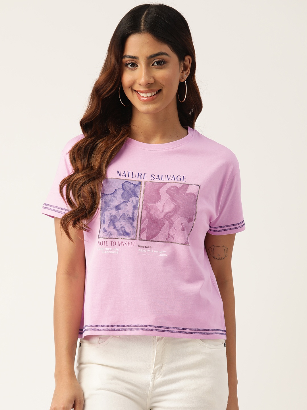 

Monte Carlo Pure Cotton Sequinned Printed T-shirt, Pink