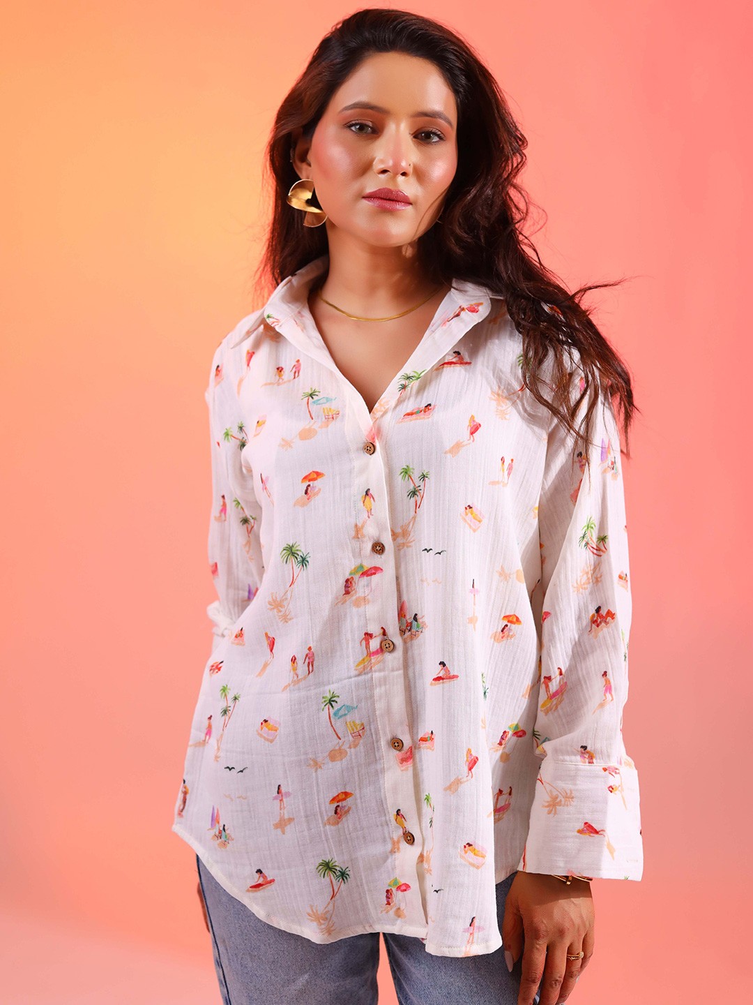 

DALCHINII Women Relaxed Spread Collar Conversational Printed Cotton Oversized Casual Shirt, White