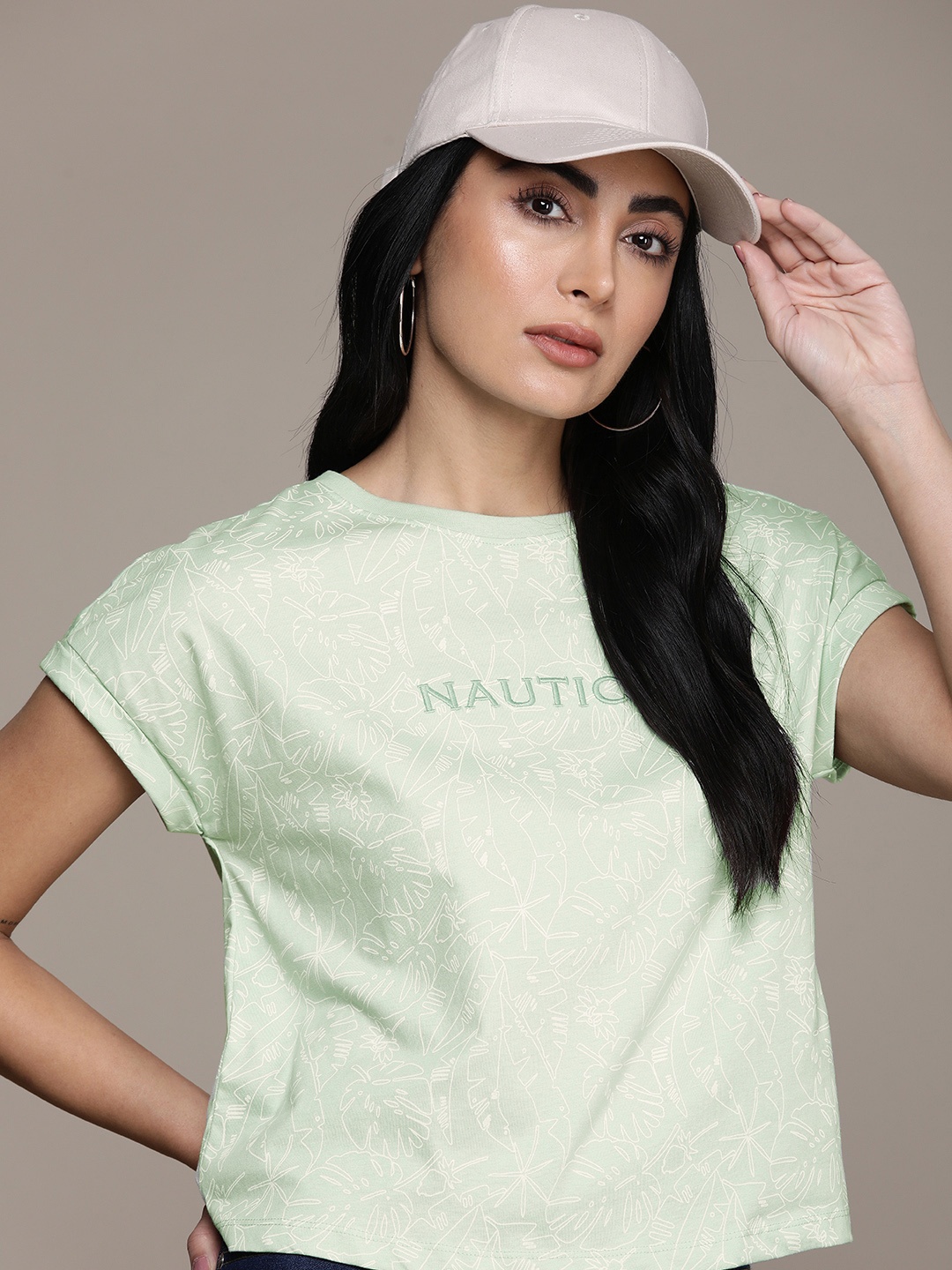 

Nautica Brand Logo Printed Extended Sleeves Pure Cotton T-shirt, Green