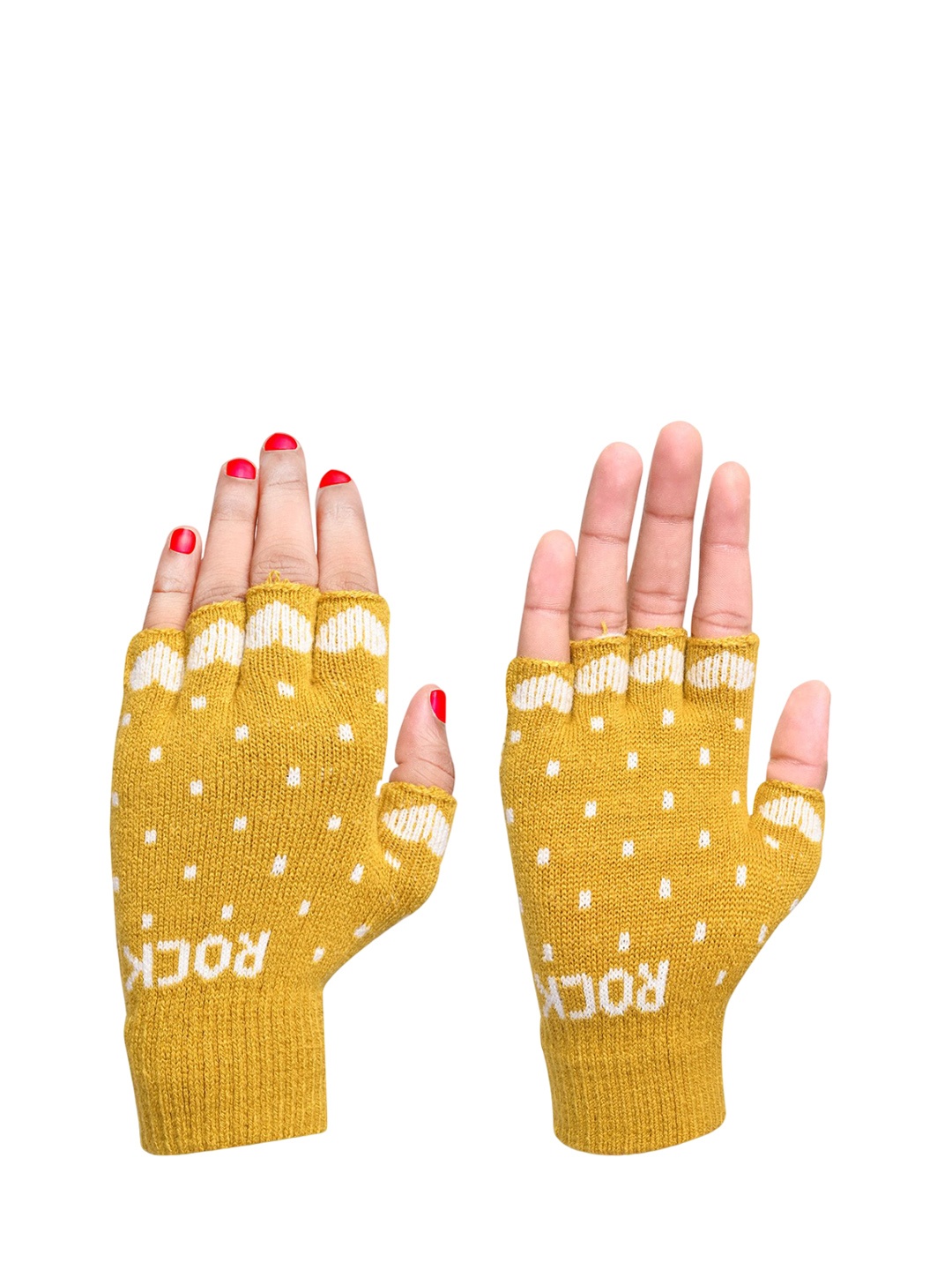 

LOOM LEGACY Women Patterned Acrylic Fingerless Gloves, Yellow