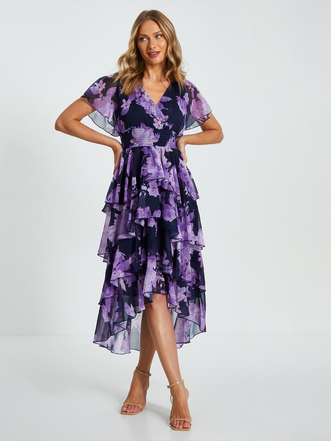 

QUIZ Floral Printed Wrap Dress, Navy blue