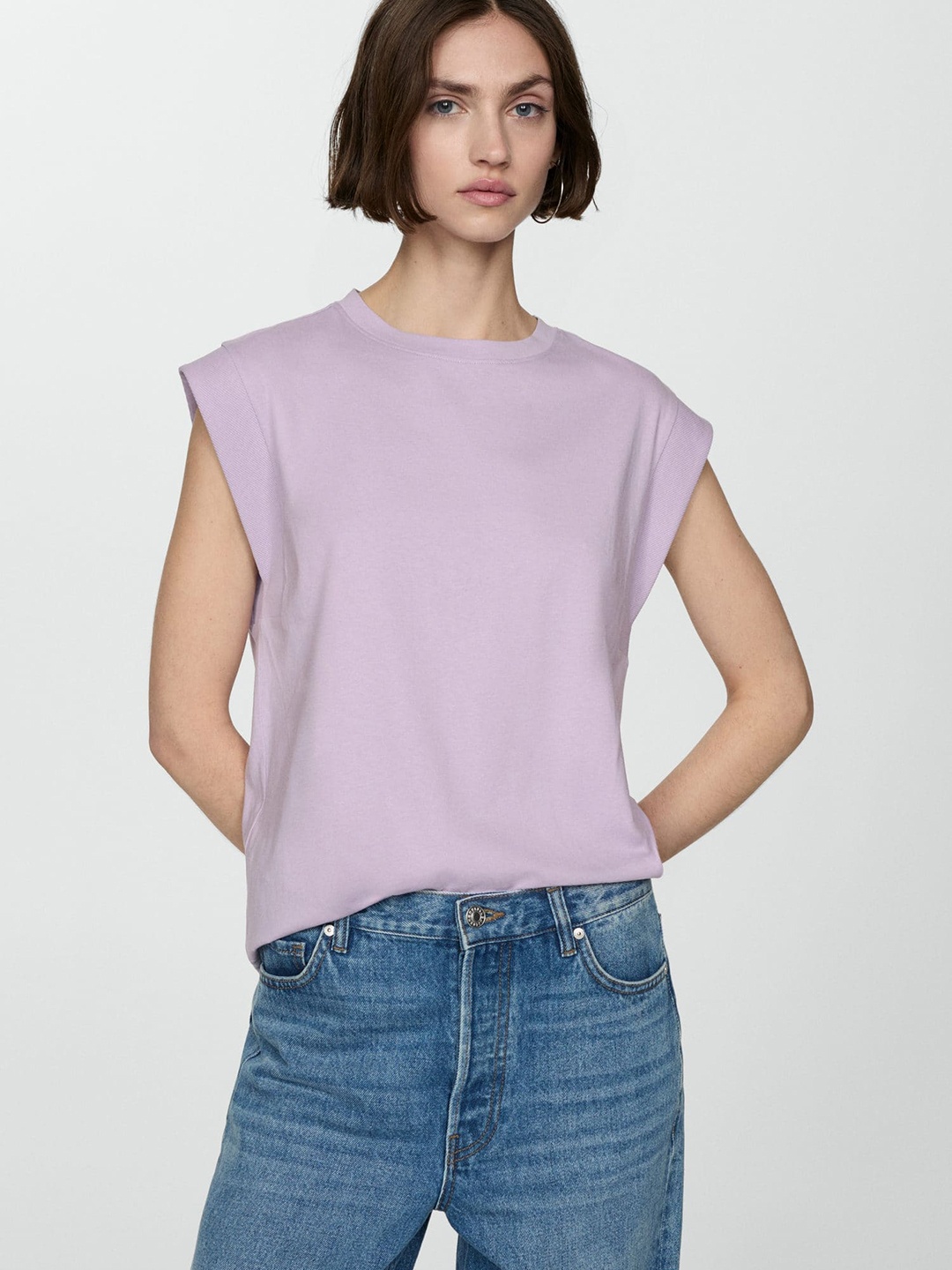 

MANGO Women Extended Sleeves Pure Cotton T-shirt, Lavender