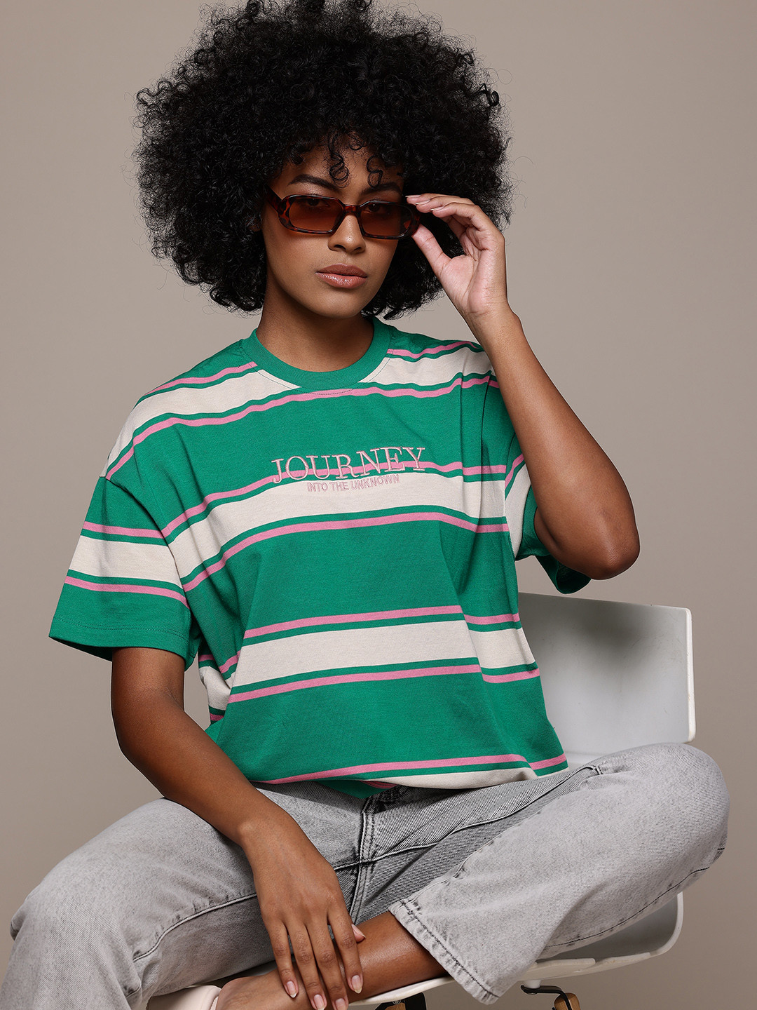 

The Roadster Lifestyle Co. Striped Drop-Shoulder Sleeves Oversized T-shirt, Green