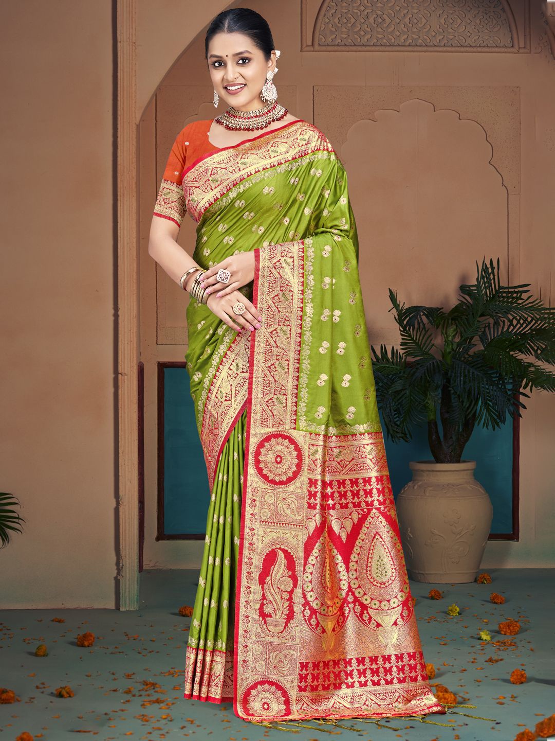 

Ishin Woven Design Zari Silk Blend Saree, Olive