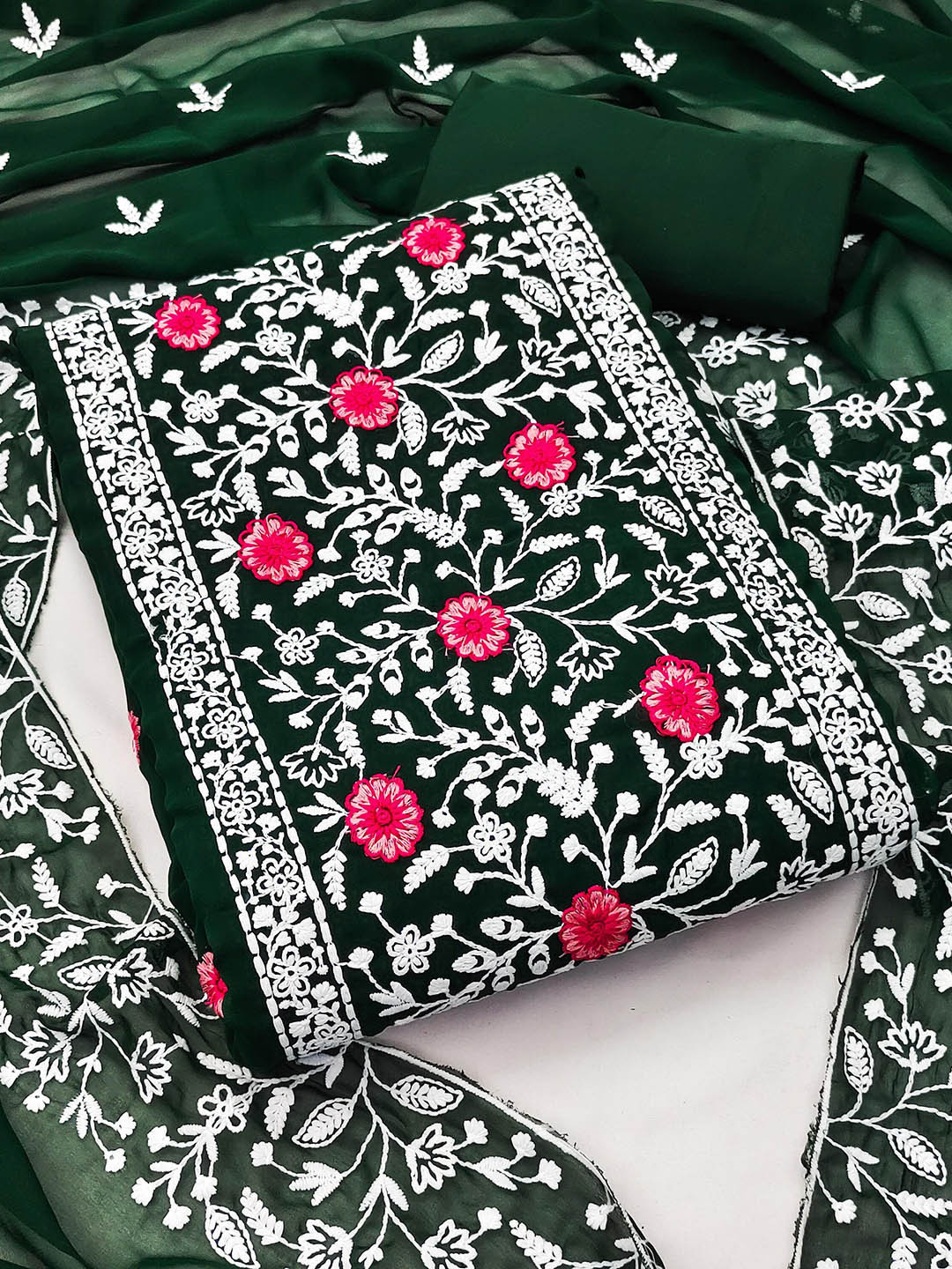 

Maroosh Floral Embroidered Thread Work Unstitched Dress Material, Green