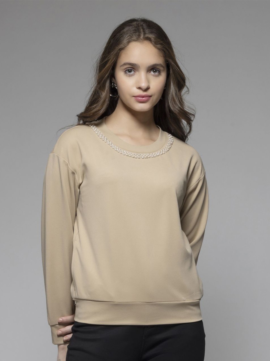 

SHAYE Women Embroidered Sweatshirt, Beige