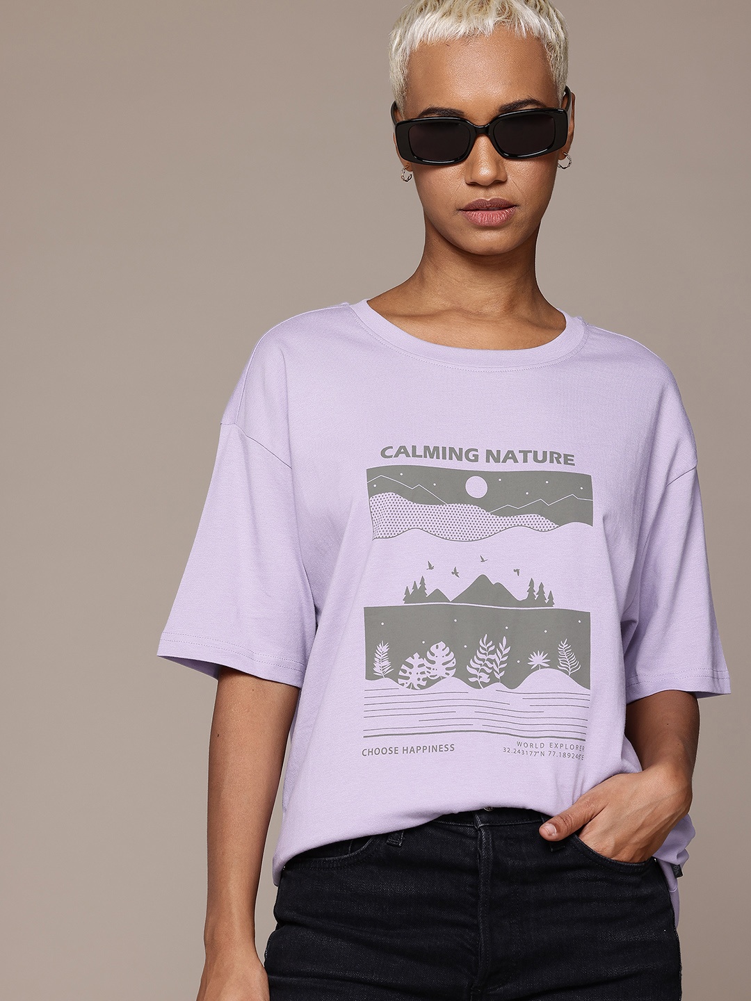 

The Roadster Lifestyle Co. Printed Oversized Pure Cotton T-shirt, Lavender