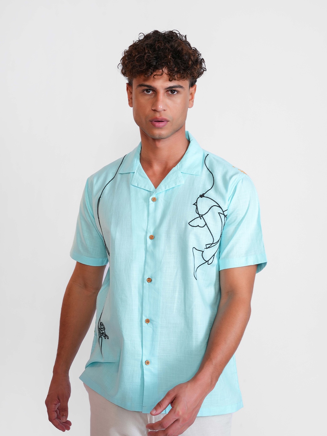 

DALCHINII Men Relaxed Cuban Collar Solid Cotton Casual Shirt, Blue