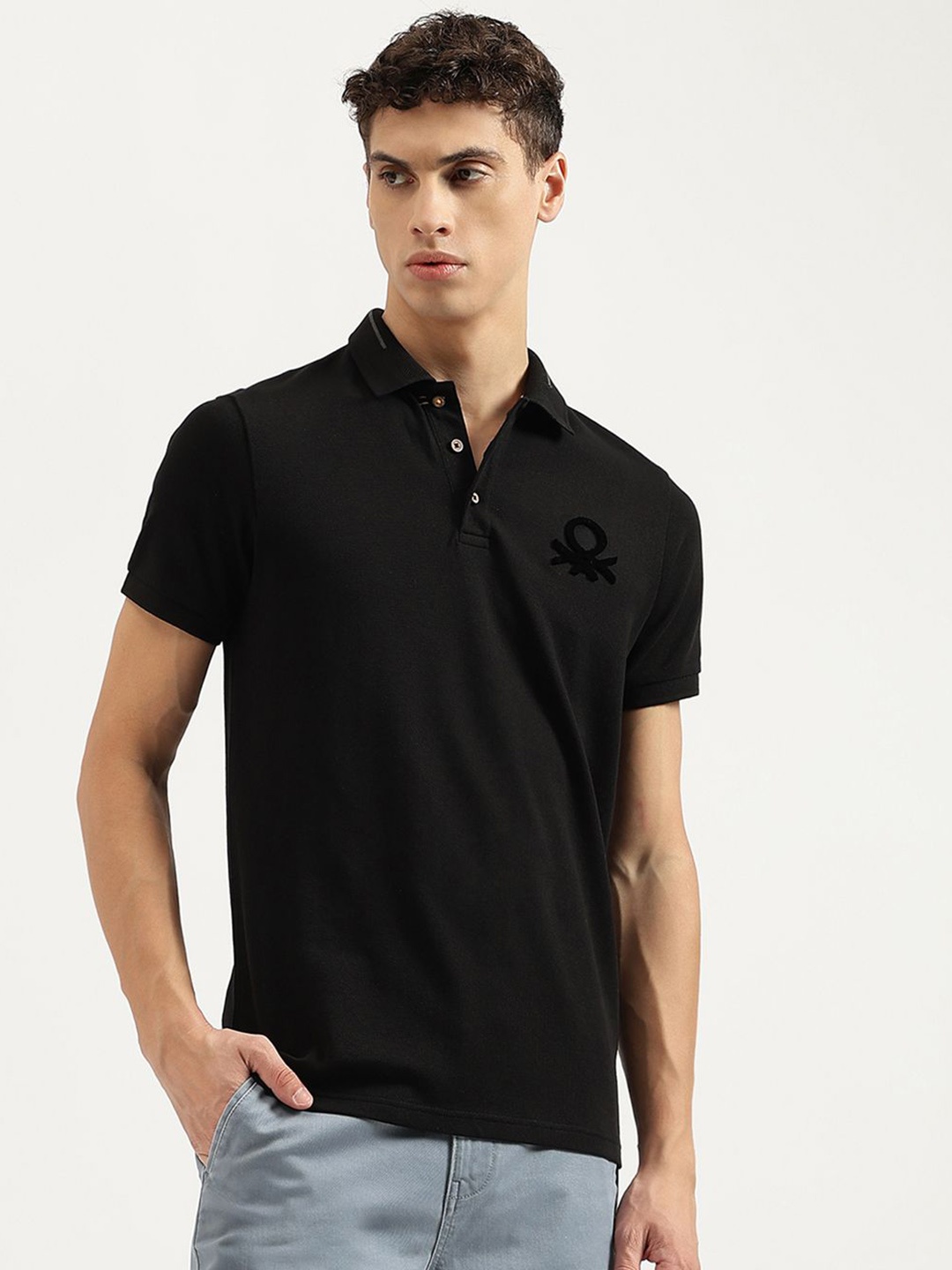 

United Colors of Benetton Men Solid Polo Collar Cotton T-shirt, Black