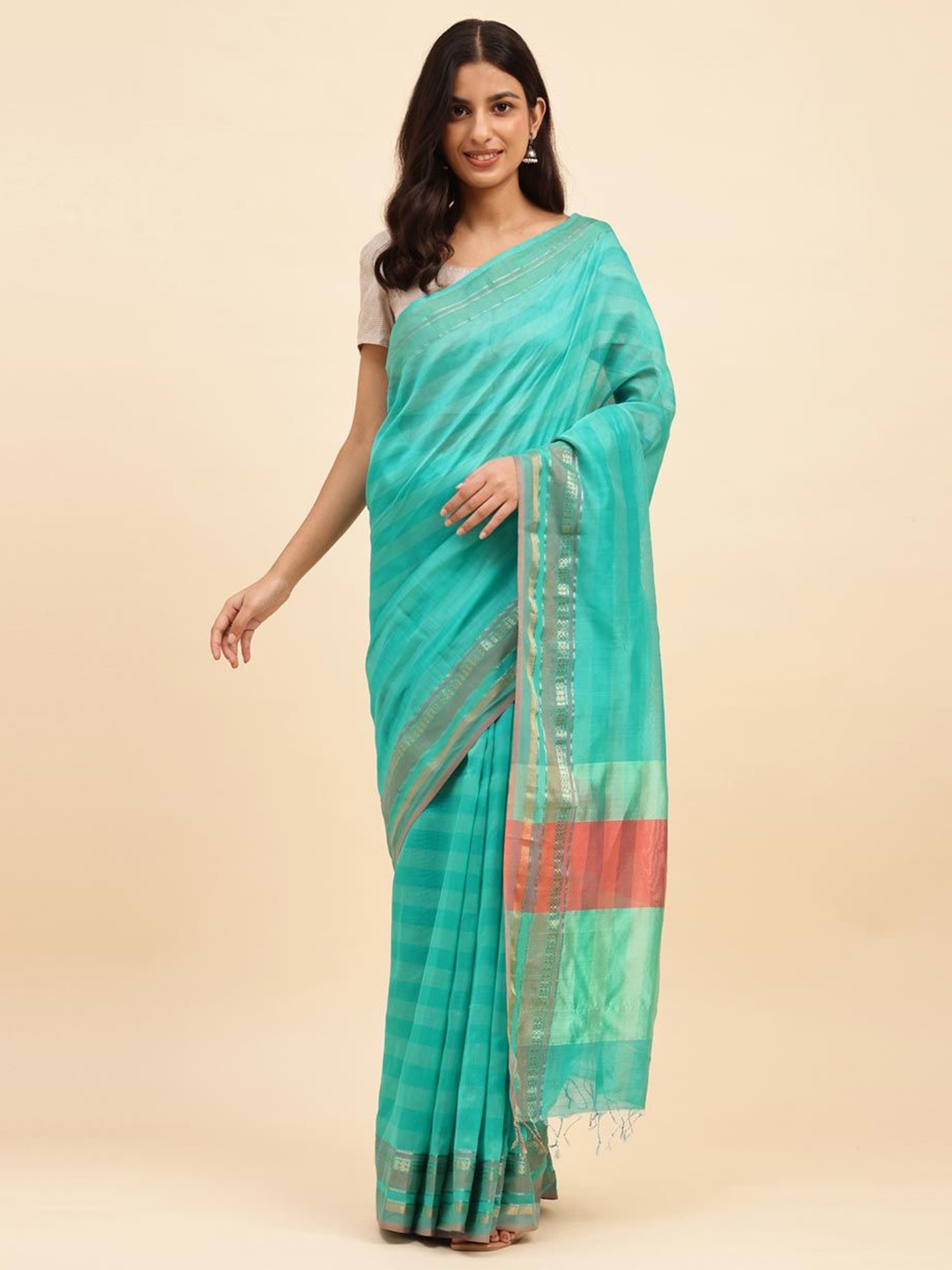 

Fabindia Cotton Silk Blend Maheshwari Saree, Turquoise blue
