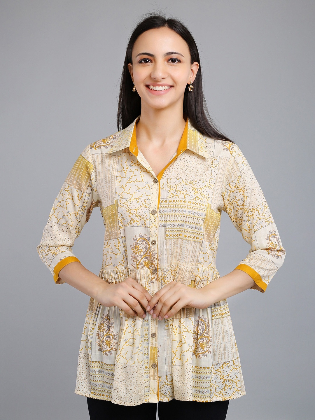 

VAPPSYAM Shirt Collar Printed Tunic, Yellow